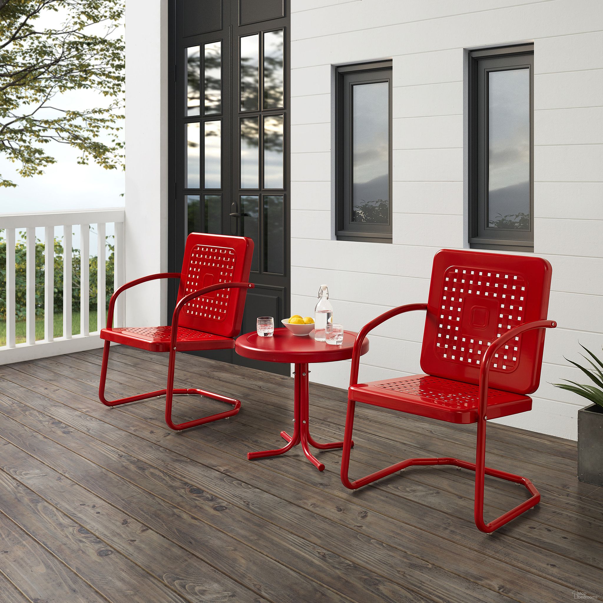 The appearance of Bates 3 Piece Retro Outdoor Chair Set In Bright Red Gloss designed by Crosley Brands in the transitional interior design. This red piece of furniture  was selected by 1StopBedrooms from Bates Collection to add a touch of cosiness and style into your home. Sku: CO1025-RE;CO1011A-RG. Material: Steel.