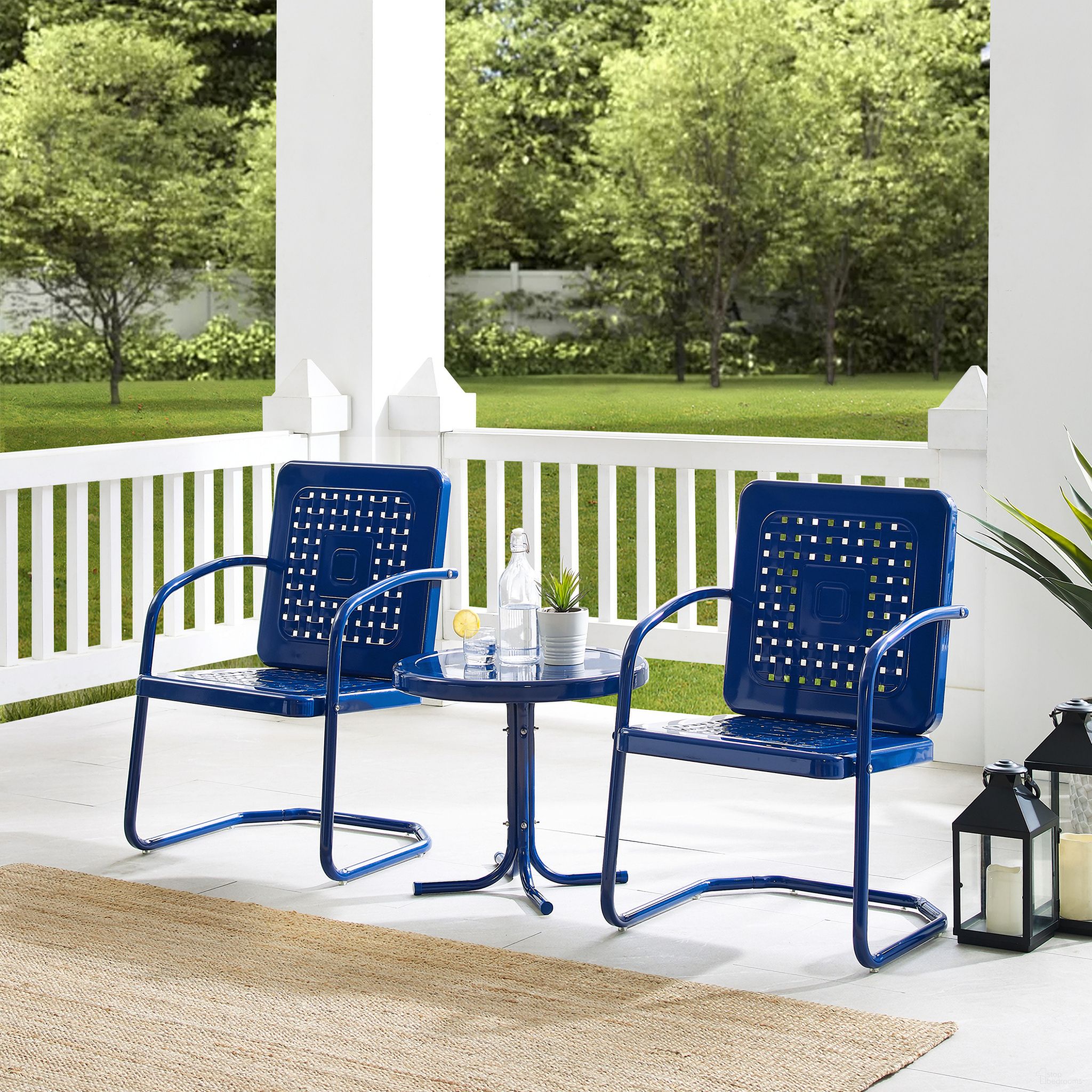 The appearance of Bates 3 Piece Retro Outdoor Chair Set In Navy Gloss designed by Crosley Brands in the transitional interior design. This navy piece of furniture  was selected by 1StopBedrooms from Bates Collection to add a touch of cosiness and style into your home. Sku: CO1025-NV;CO1011A-NV. Material: Steel.
