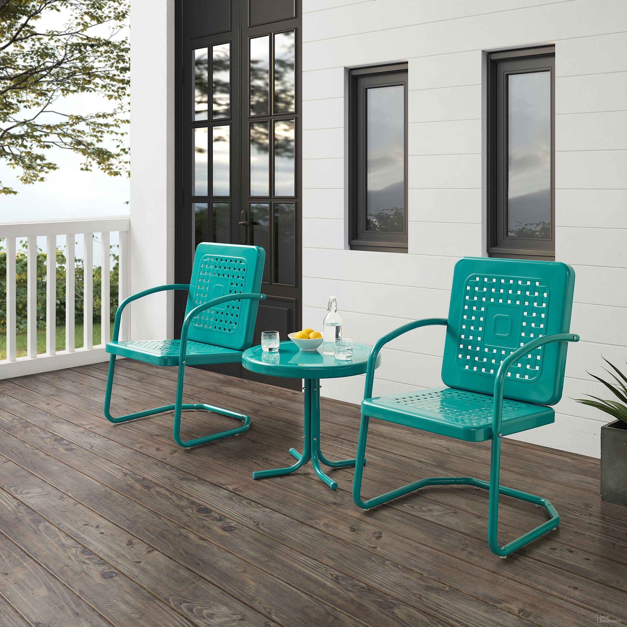 The appearance of Bates 3 Piece Retro Outdoor Chair Set In Turquoise Gloss designed by Crosley Brands in the transitional interior design. This turquoise piece of furniture  was selected by 1StopBedrooms from Bates Collection to add a touch of cosiness and style into your home. Sku: CO1025-TU;CO1011A-TU. Material: Steel.