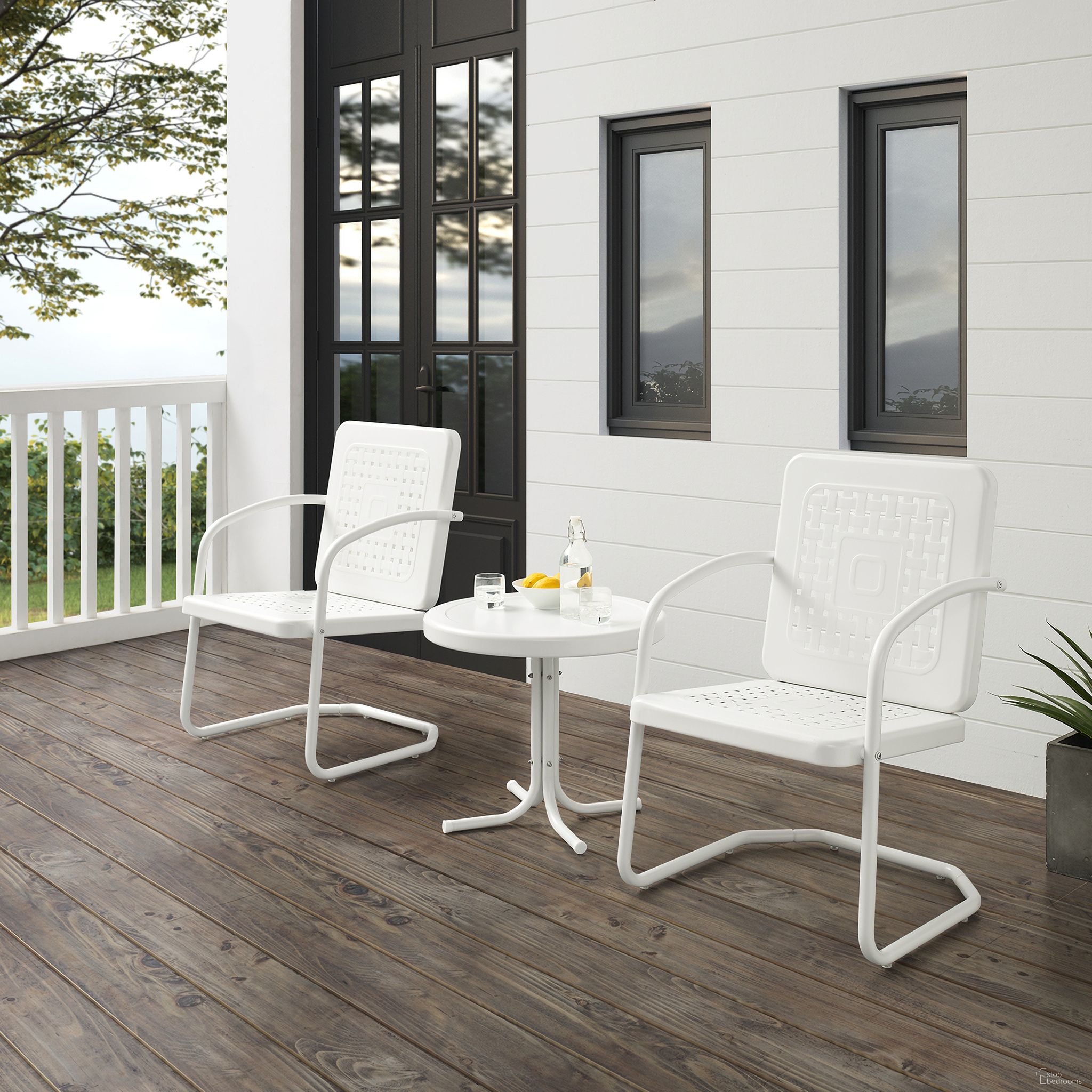 The appearance of Bates 3 Piece Retro Outdoor Chair Set In White Gloss and White Satin designed by Crosley Brands in the transitional interior design. This white gloss piece of furniture was selected by 1StopBedrooms from Bates Collection to add a touch of cosiness and style into your home. Sku: CO1025-WH;CO1011A-WH. Material: Steel.