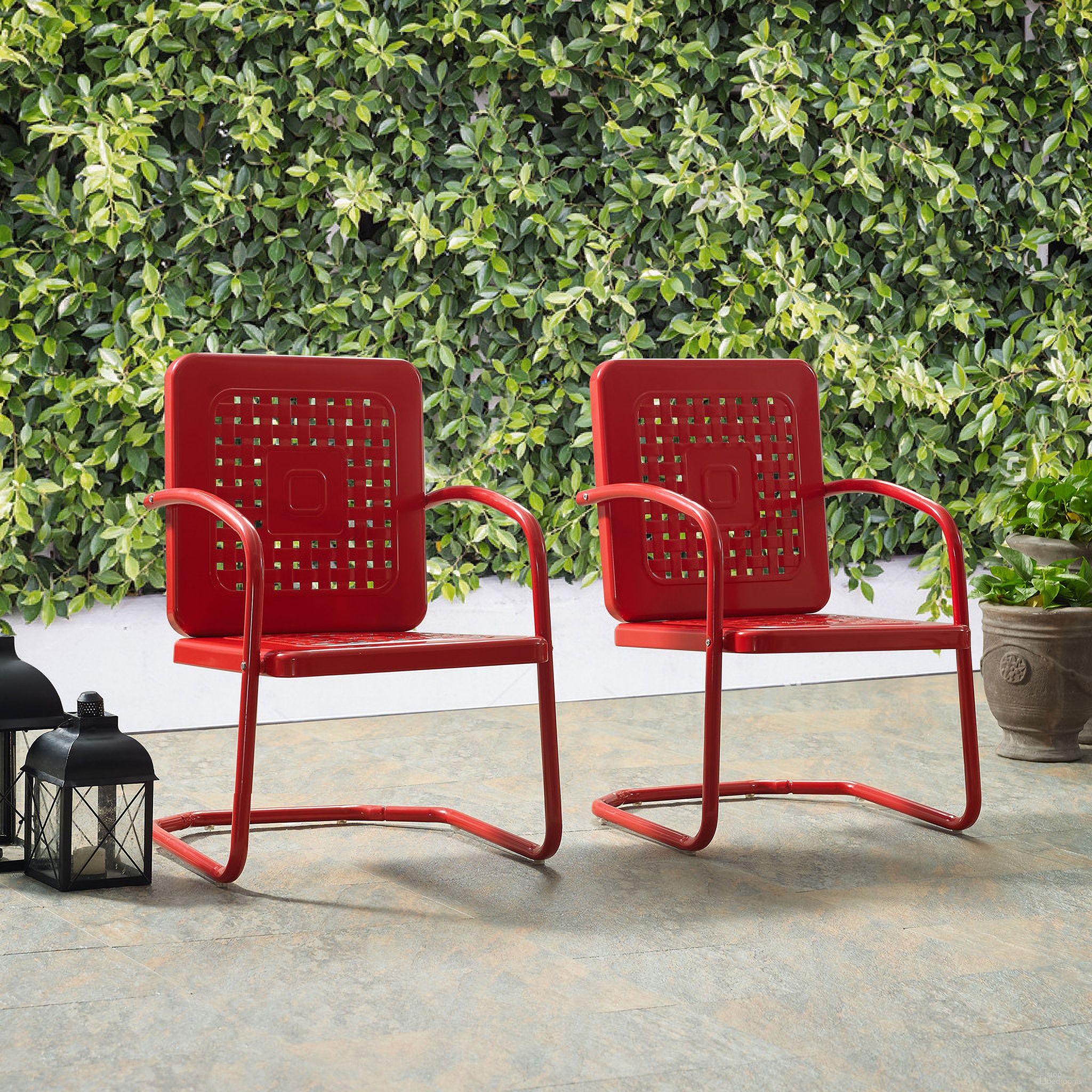 The appearance of Bates Retro Outdoor Chair In Bright Red Gloss - Set of 2 designed by Crosley Brands in the transitional interior design. This red piece of furniture  was selected by 1StopBedrooms from Bates Collection to add a touch of cosiness and style into your home. Sku: CO1025-RE. Material: Steel.