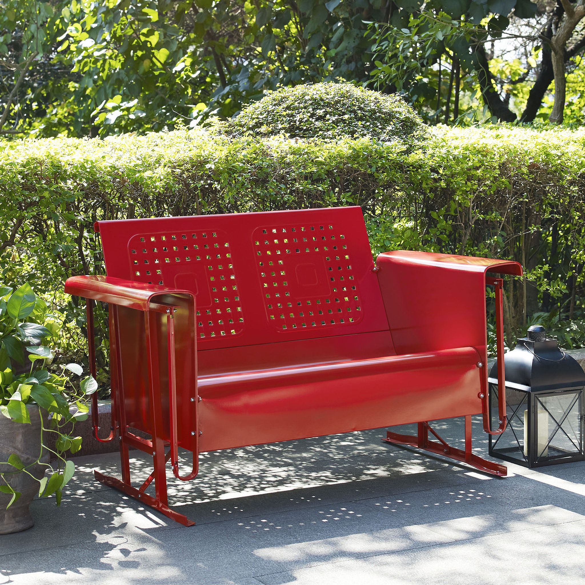 The appearance of Bates Retro Outdoor Loveseat Glider In Bright Red Gloss designed by Crosley Brands in the transitional interior design. This red piece of furniture  was selected by 1StopBedrooms from Bates Collection to add a touch of cosiness and style into your home. Sku: CO1024-RE. Material: Steel.