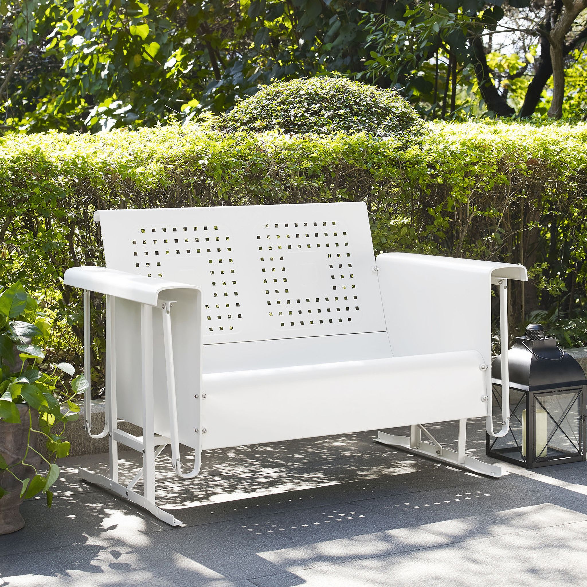 The appearance of Bates Retro Outdoor Loveseat Glider In White Gloss designed by Crosley Brands in the transitional interior design. This white gloss piece of furniture  was selected by 1StopBedrooms from Bates Collection to add a touch of cosiness and style into your home. Sku: CO1024-WH. Material: Steel.
