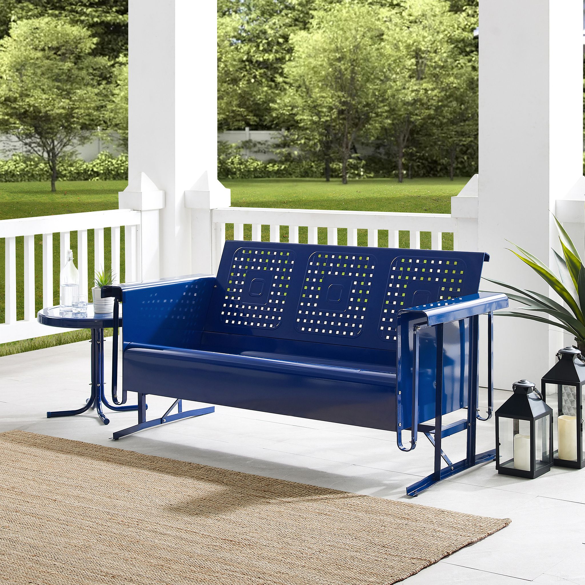 The appearance of Bates Retro Outdoor Sofa Glider In Navy Gloss designed by Crosley Brands in the transitional interior design. This navy piece of furniture was selected by 1StopBedrooms from Bates Collection to add a touch of cosiness and style into your home. Sku: CO1023-NV. Material: Steel.