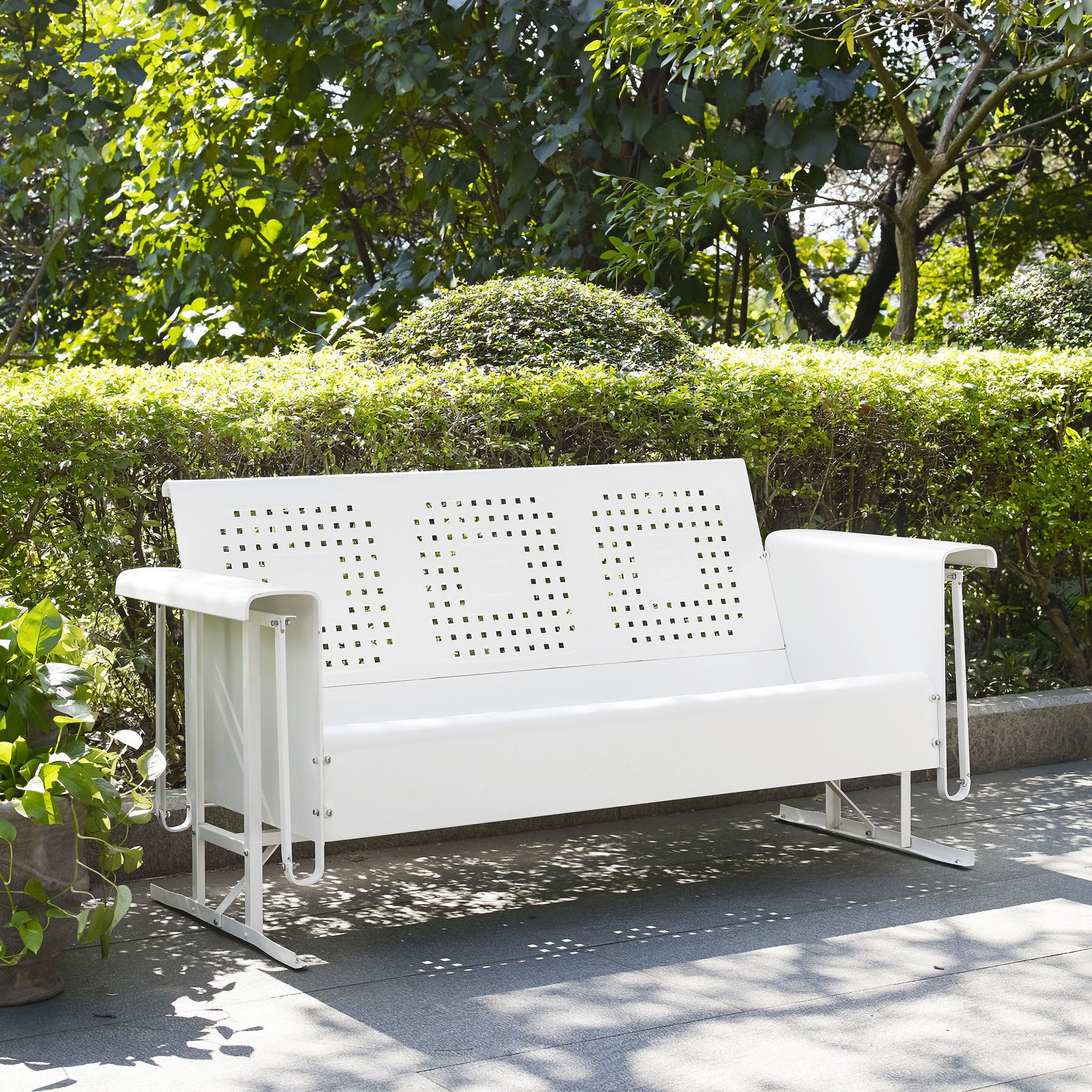 The appearance of Bates Retro Outdoor Sofa Glider In White Gloss designed by Crosley Brands in the transitional interior design. This white gloss piece of furniture  was selected by 1StopBedrooms from Bates Collection to add a touch of cosiness and style into your home. Sku: CO1023-WH. Material: Steel.