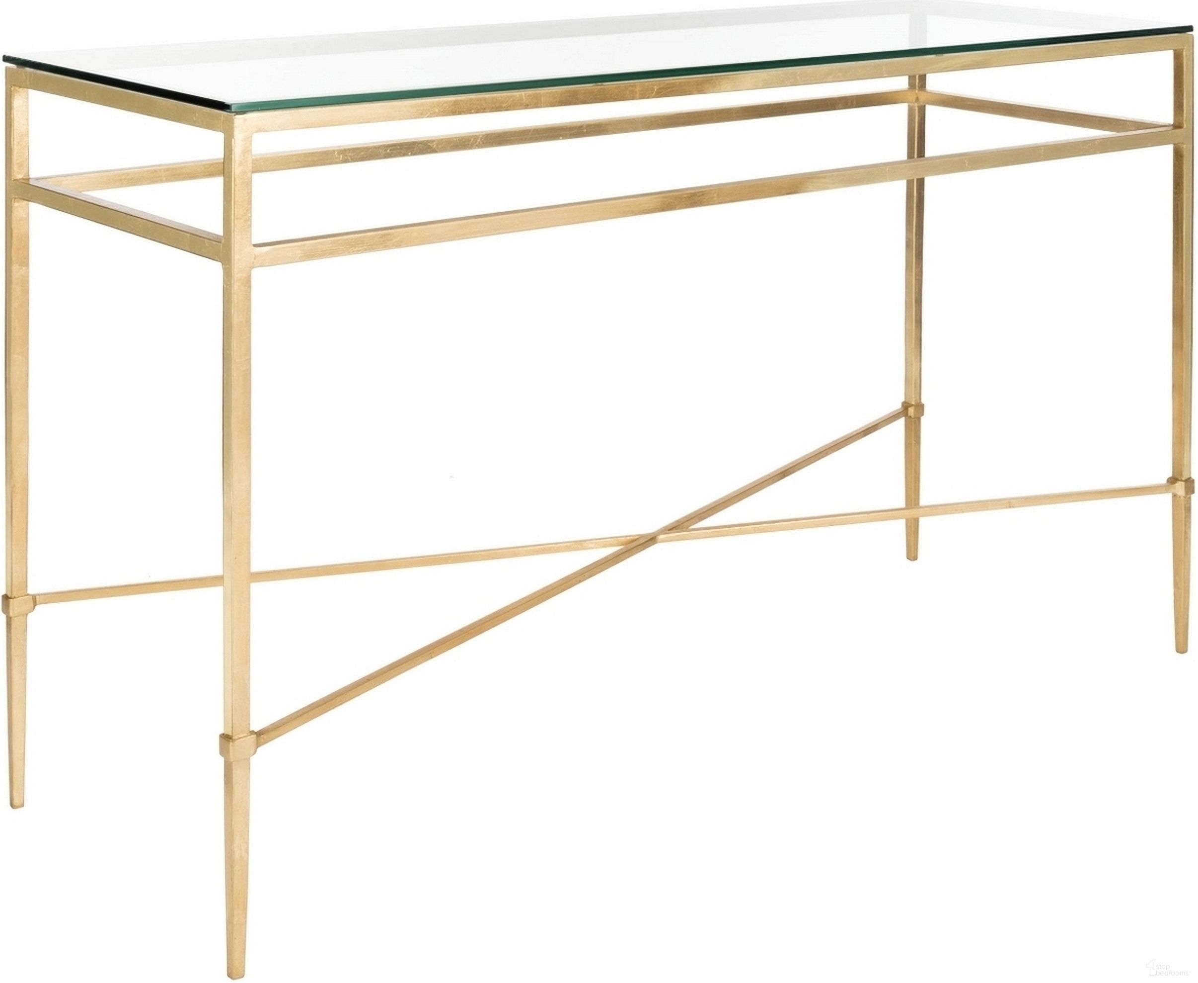 The appearance of Baumgarten Console Table In Gold designed by Safavieh Couture in the modern / contemporary interior design. This gold piece of furniture  was selected by 1StopBedrooms from Baumgarten Collection to add a touch of cosiness and style into your home. Sku: AMH8305A. Material: Metal.