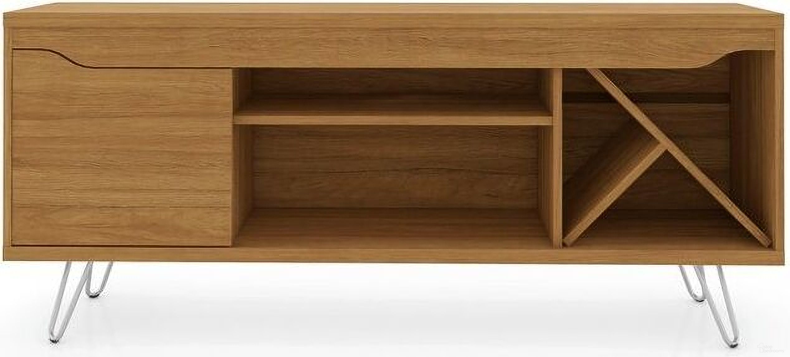 The appearance of Baxter Mid-Century - Modern 53.54 Inch TV Stand With Wine Rack In Cinnamon designed by Manhattan Comfort in the transitional interior design. This cinnamon piece of furniture was selected by 1StopBedrooms from Baxter Collection to add a touch of cosiness and style into your home. Sku: 216BMC2.