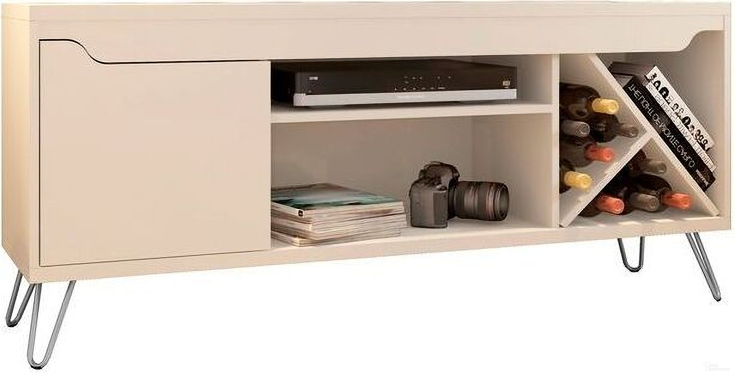 The appearance of Baxter Mid-Century - Modern 53.54 Inch TV Stand With Wine Rack In Off White designed by Manhattan Comfort in the transitional interior design. This off white piece of furniture was selected by 1StopBedrooms from Baxter Collection to add a touch of cosiness and style into your home. Sku: 216BMC1.