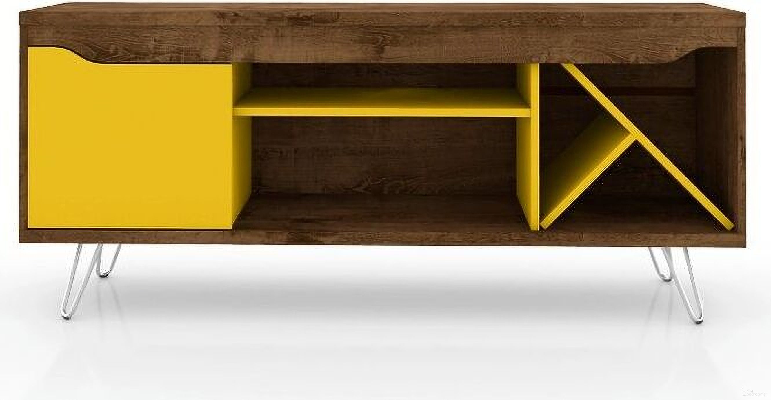 The appearance of Baxter Mid-Century - Modern 53.54 Inch TV Stand With Wine Rack In Rustic Brown And Yellow designed by Manhattan Comfort in the transitional interior design. This rustic brown and yellow piece of furniture was selected by 1StopBedrooms from Baxter Collection to add a touch of cosiness and style into your home. Sku: 216BMC94.