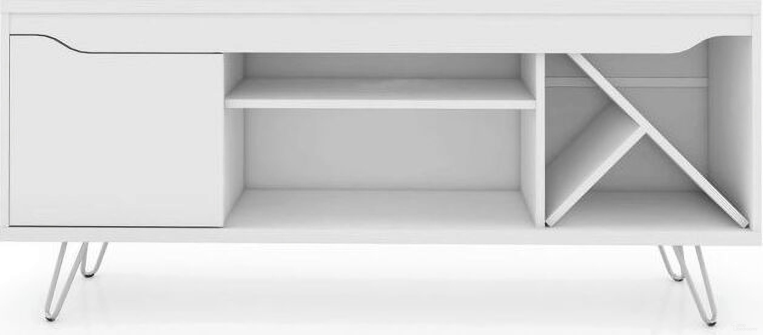 The appearance of Baxter Mid-Century - Modern 53.54 Inch TV Stand With Wine Rack In White designed by Manhattan Comfort in the transitional interior design. This white piece of furniture was selected by 1StopBedrooms from Baxter Collection to add a touch of cosiness and style into your home. Sku: 216BMC6.