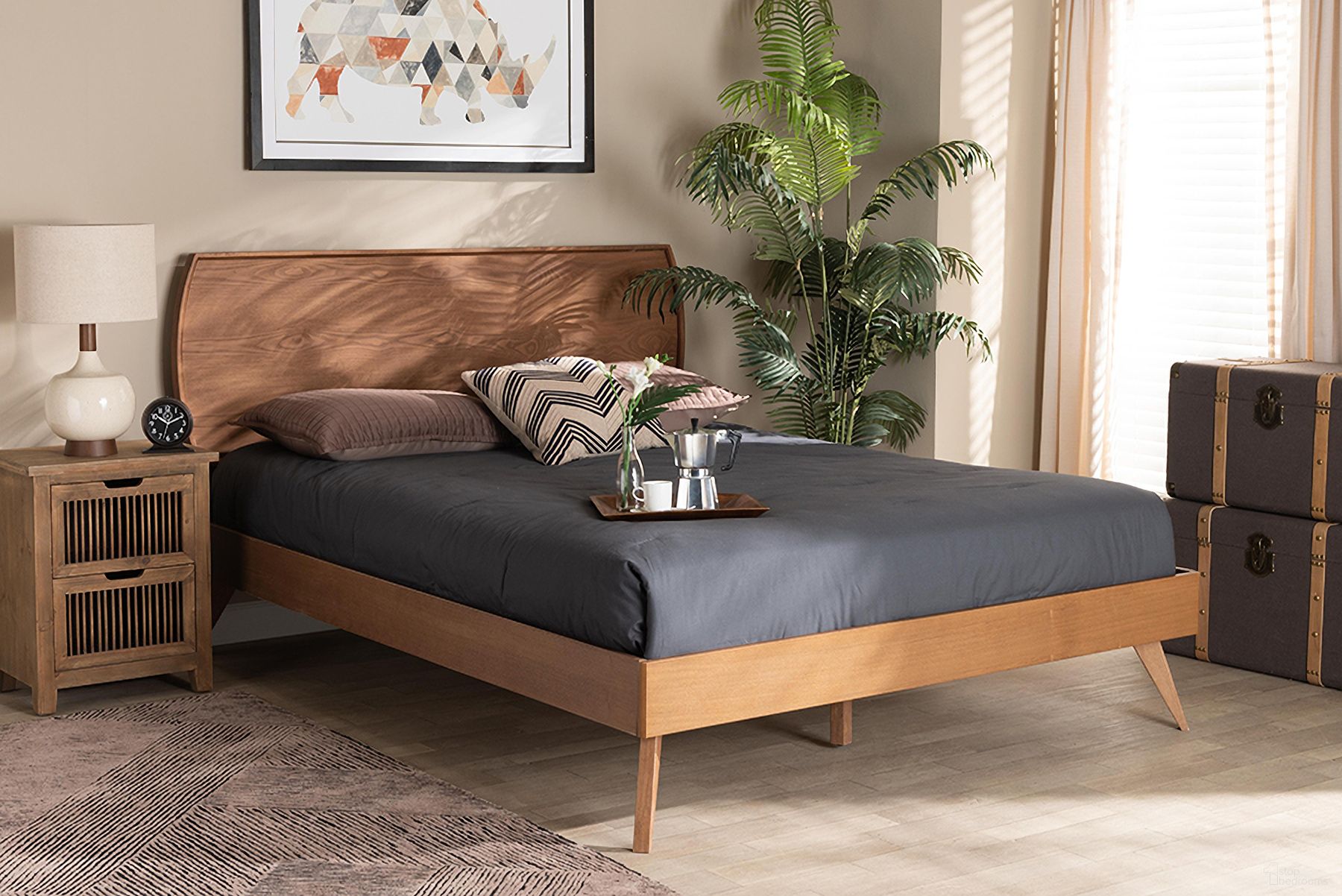 The appearance of Baxton Studio Aimi Mid-Century Modern Walnut Brown Finished Wood Queen Size Platform Bed designed by Baxton Studio in the transitional interior design. This walnut brown piece of furniture  was selected by 1StopBedrooms from Aimi Collection to add a touch of cosiness and style into your home. Sku: Aimi-Ash Walnut-Queen. Bed Type: Platform Bed. Bed Size: Queen. Material: Rubberwood.