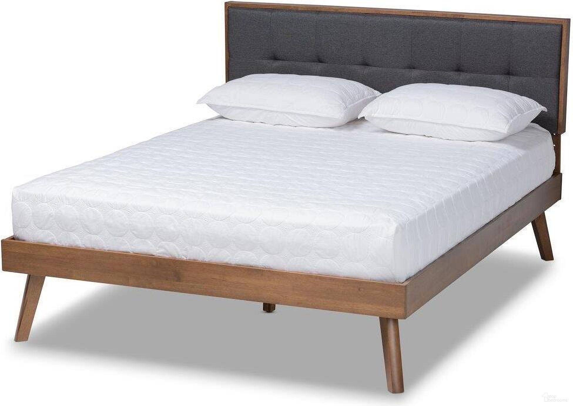 The appearance of Baxton Studio Alke Mid-Century Modern Dark Grey Fabric Upholstered Walnut Brown Finished Wood King Size Platform Bed designed by Baxton Studio in the transitional interior design. This dark grey piece of furniture was selected by 1StopBedrooms from Alke Collection to add a touch of cosiness and style into your home. Sku: SW8180-Dark Grey/Walnut-M17-King. Bed Type: Platform Bed. Bed Size: King. Material: Rubberwood.
