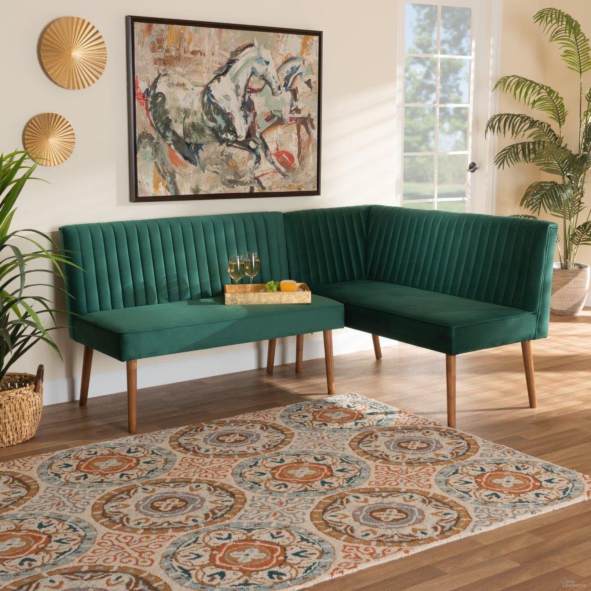 The appearance of Baxton Studio Alvis Mid-Century Modern Emerald Green Velvet Upholstered And Walnut Brown Finished Wood 2-Piece Dining Nook Banquette Set designed by Baxton Studio in the transitional interior design. This emerald green piece of furniture  was selected by 1StopBedrooms from Alvis Collection to add a touch of cosiness and style into your home. Sku: BBT8063-Emerald Velvet/Walnut-2PC SF Bench. Material: Plywood.