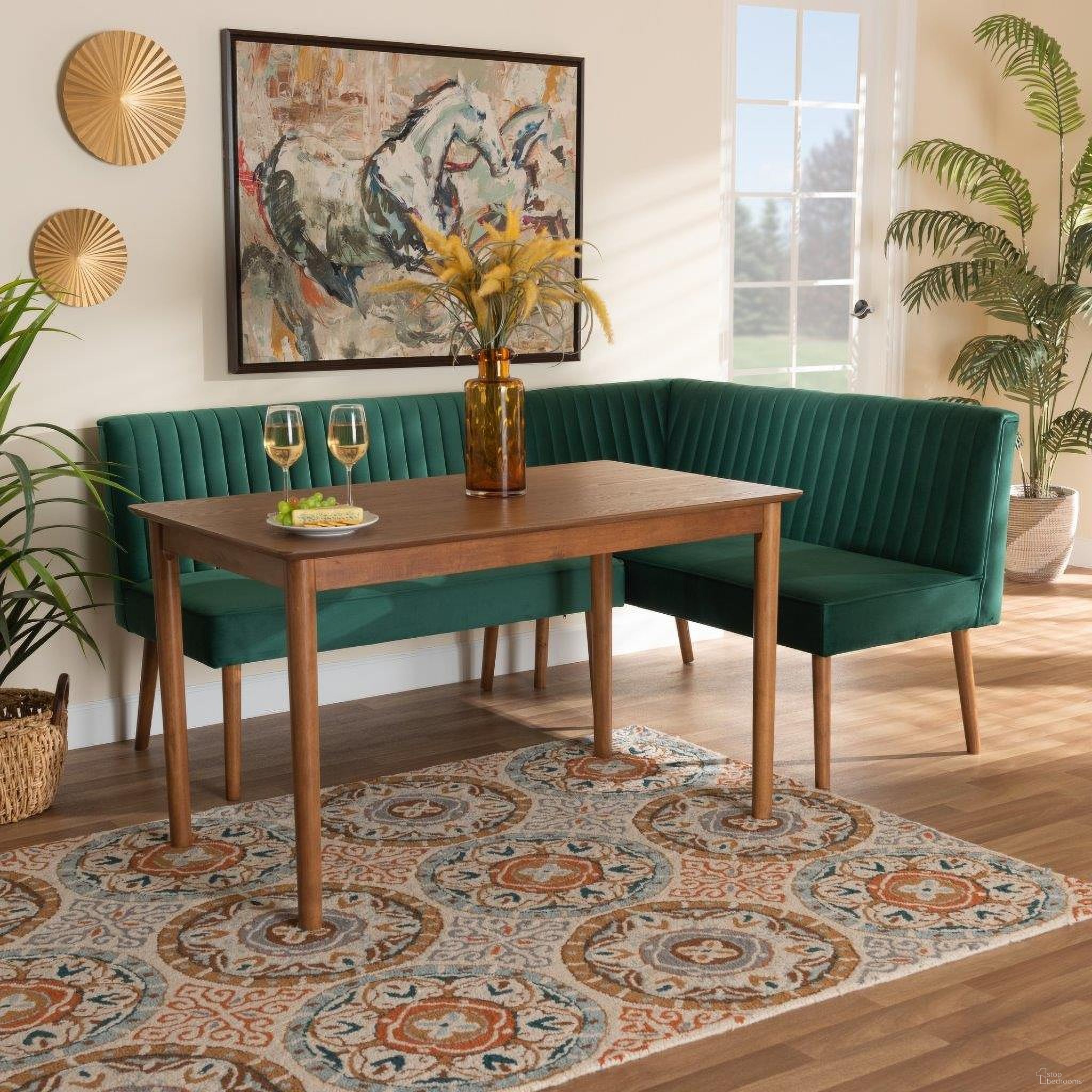 The appearance of Baxton Studio Alvis Mid-Century Modern Emerald Green Velvet Upholstered And Walnut Brown Finished Wood 3-Piece Dining Nook Set designed by Baxton Studio in the transitional interior design. This emerald green piece of furniture  was selected by 1StopBedrooms from Alvis Collection to add a touch of cosiness and style into your home. Sku: BBT8063-Emerald Velvet/Walnut-3PC Dining Nook Set. Material: Plywood.