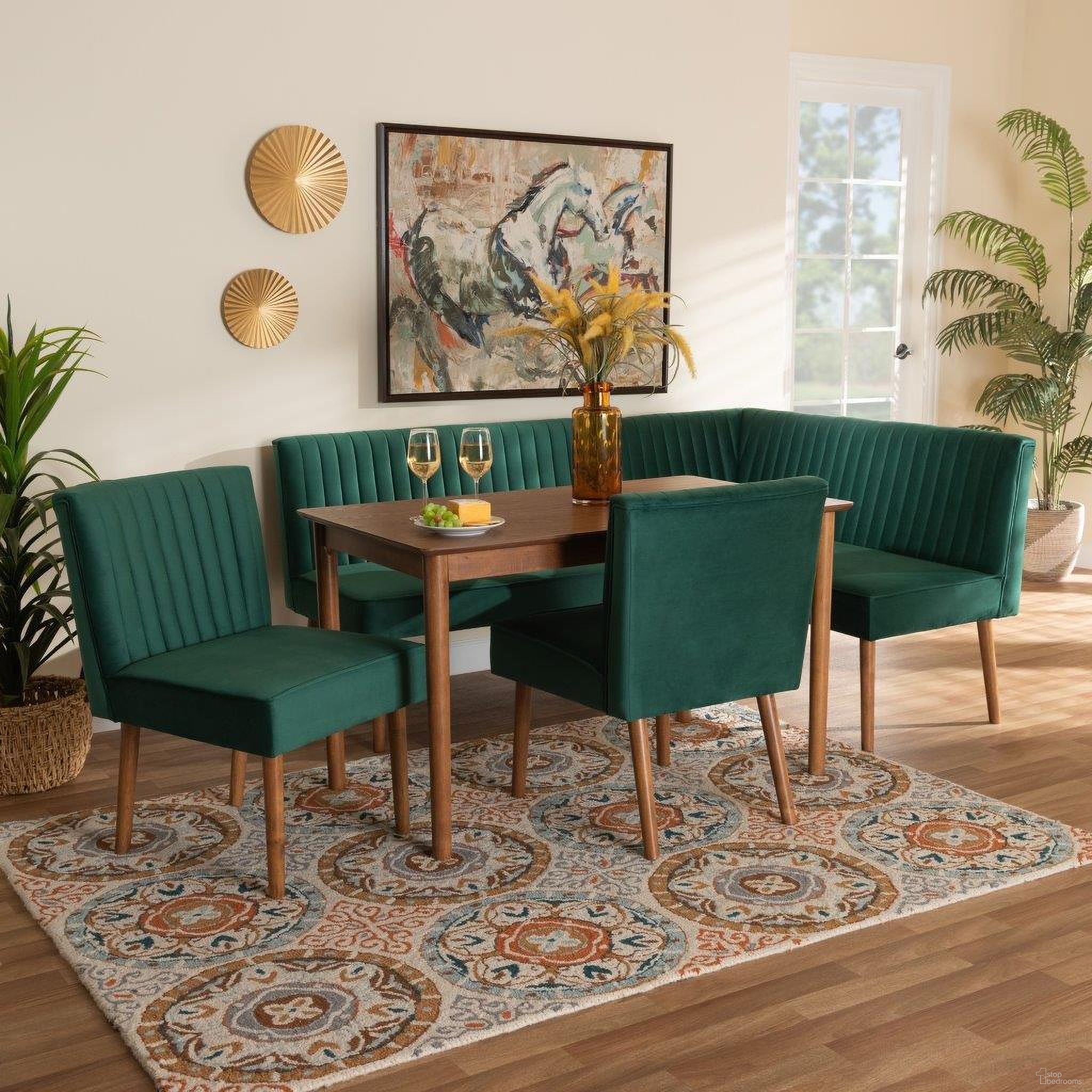The appearance of Baxton Studio Alvis Mid-Century Modern Emerald Green Velvet Upholstered And Walnut Brown Finished Wood 5-Piece Dining Nook Set designed by Baxton Studio in the transitional interior design. This emerald green piece of furniture was selected by 1StopBedrooms from Alvis Collection to add a touch of cosiness and style into your home. Sku: BBT8063-Emerald Velvet/Walnut-5PC Dining Nook Set. Material: Plywood.