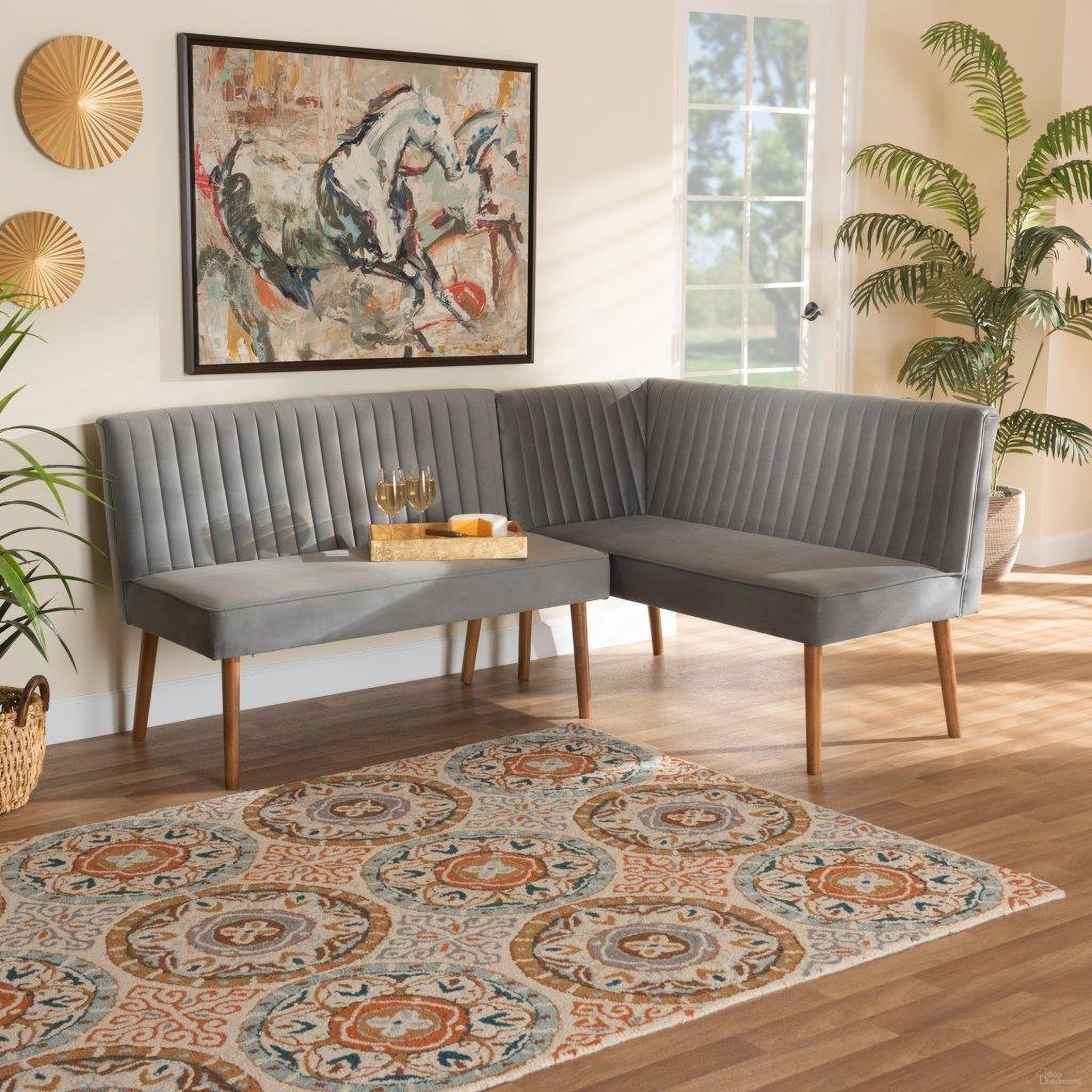 The appearance of Baxton Studio Alvis Mid-Century Modern Grey Velvet Upholstered And Walnut Brown Finished Wood 2-Piece Dining Nook Banquette Set designed by Baxton Studio in the transitional interior design. This grey piece of furniture was selected by 1StopBedrooms from Alvis Collection to add a touch of cosiness and style into your home. Sku: BBT8063-Grey Velvet/Walnut-2PC SF Bench. Material: Plywood.