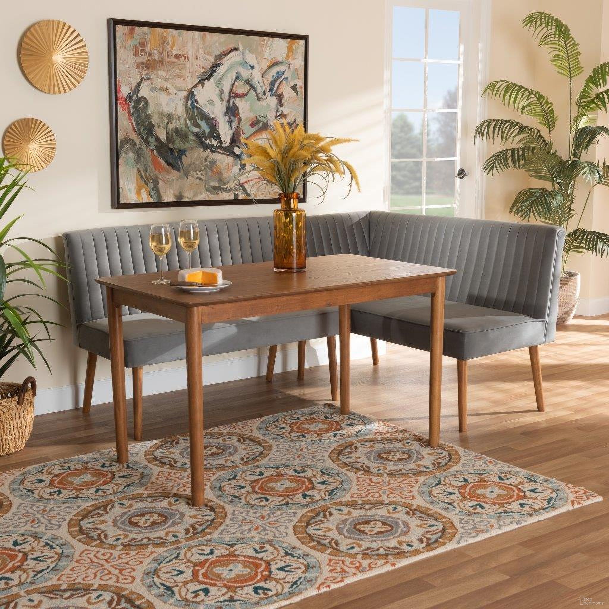 The appearance of Baxton Studio Alvis Mid-Century Modern Grey Velvet Upholstered And Walnut Brown Finished Wood 3-Piece Dining Nook Set designed by Baxton Studio in the transitional interior design. This grey piece of furniture  was selected by 1StopBedrooms from Alvis Collection to add a touch of cosiness and style into your home. Sku: BBT8063-Grey Velvet/Walnut-3PC Dining Nook Set. Material: Plywood.