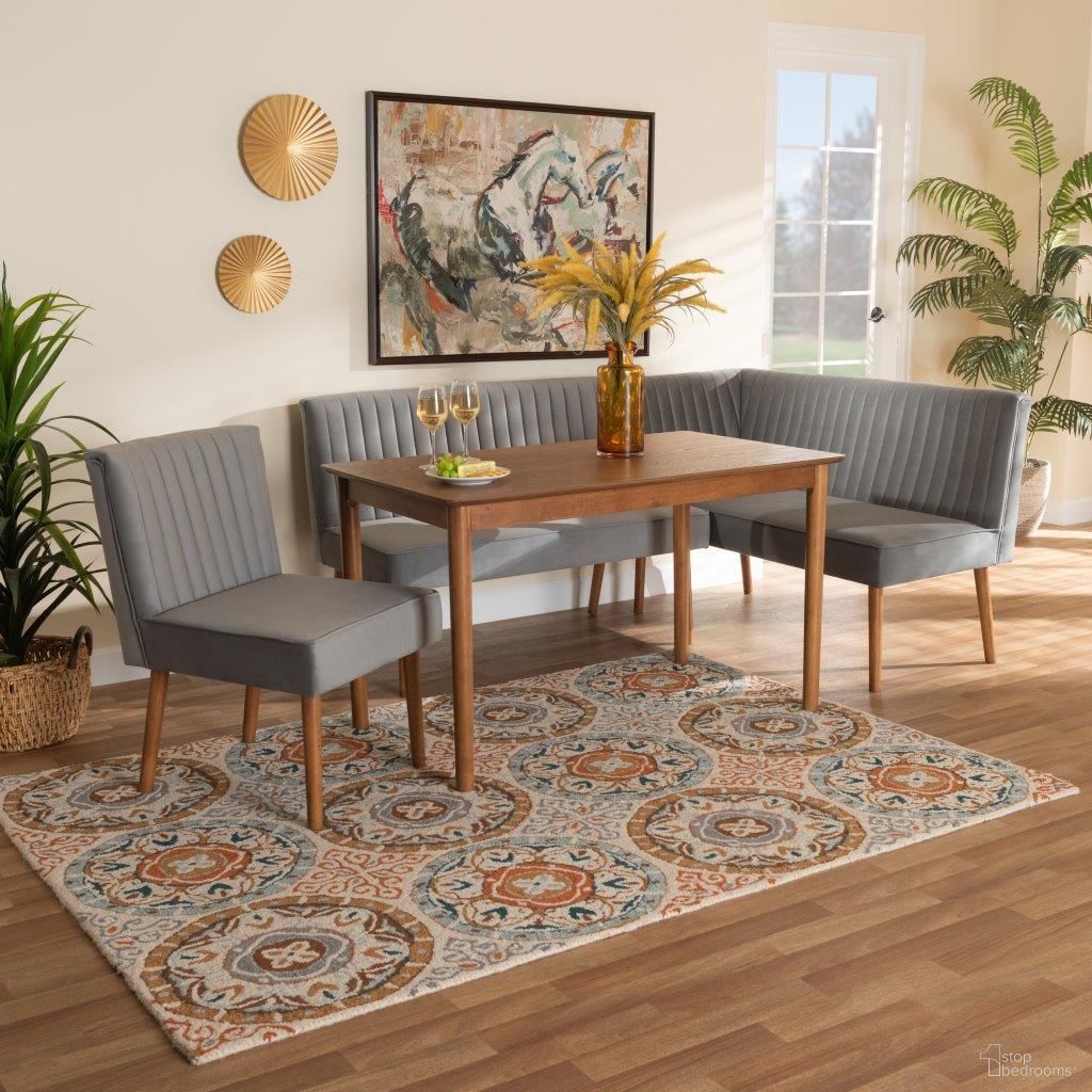 The appearance of Baxton Studio Alvis Mid-Century Modern Grey Velvet Upholstered And Walnut Brown Finished Wood 4-Piece Dining Nook Set designed by Baxton Studio in the transitional interior design. This grey piece of furniture  was selected by 1StopBedrooms from Alvis Collection to add a touch of cosiness and style into your home. Sku: BBT8063-Grey Velvet/Walnut-4PC Dining Nook Set. Material: Plywood.