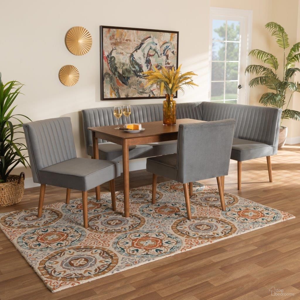 The appearance of Baxton Studio Alvis Mid-Century Modern Grey Velvet Upholstered And Walnut Brown Finished Wood 5-Piece Dining Nook Set designed by Baxton Studio in the transitional interior design. This grey piece of furniture was selected by 1StopBedrooms from Alvis Collection to add a touch of cosiness and style into your home. Sku: BBT8063-Grey Velvet/Walnut-5PC Dining Nook Set. Material: Plywood.