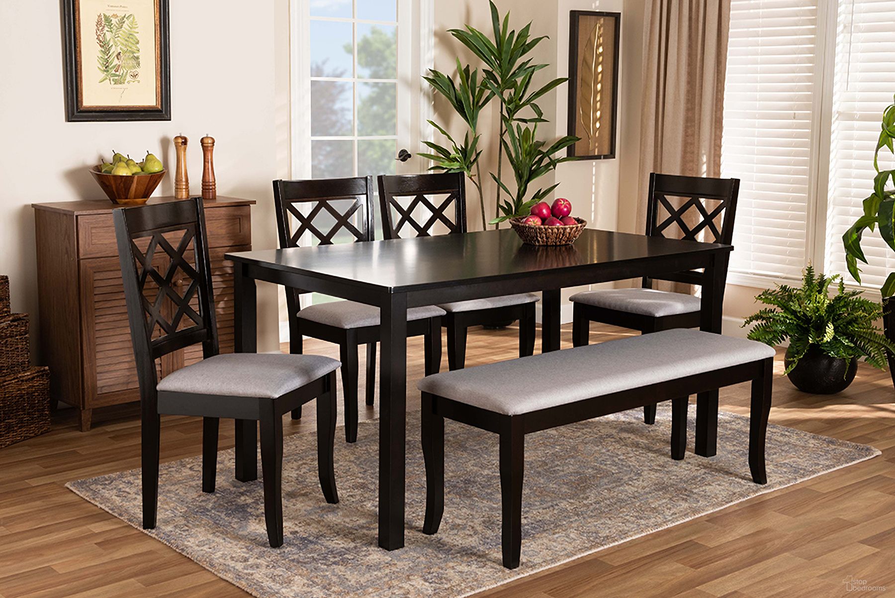 The appearance of Baxton Studio Andor Modern and Contemporary Grey Fabric Upholstered and Dark Brown Finished Wood 6-Piece Dining Set designed by Baxton Studio in the modern / contemporary interior design. This grey and dark brown piece of furniture was selected by 1StopBedrooms from Andor Collection to add a touch of cosiness and style into your home. Sku: RH330C-Grey/Dark Brown-6PC Dining Set. Material: Polyester.