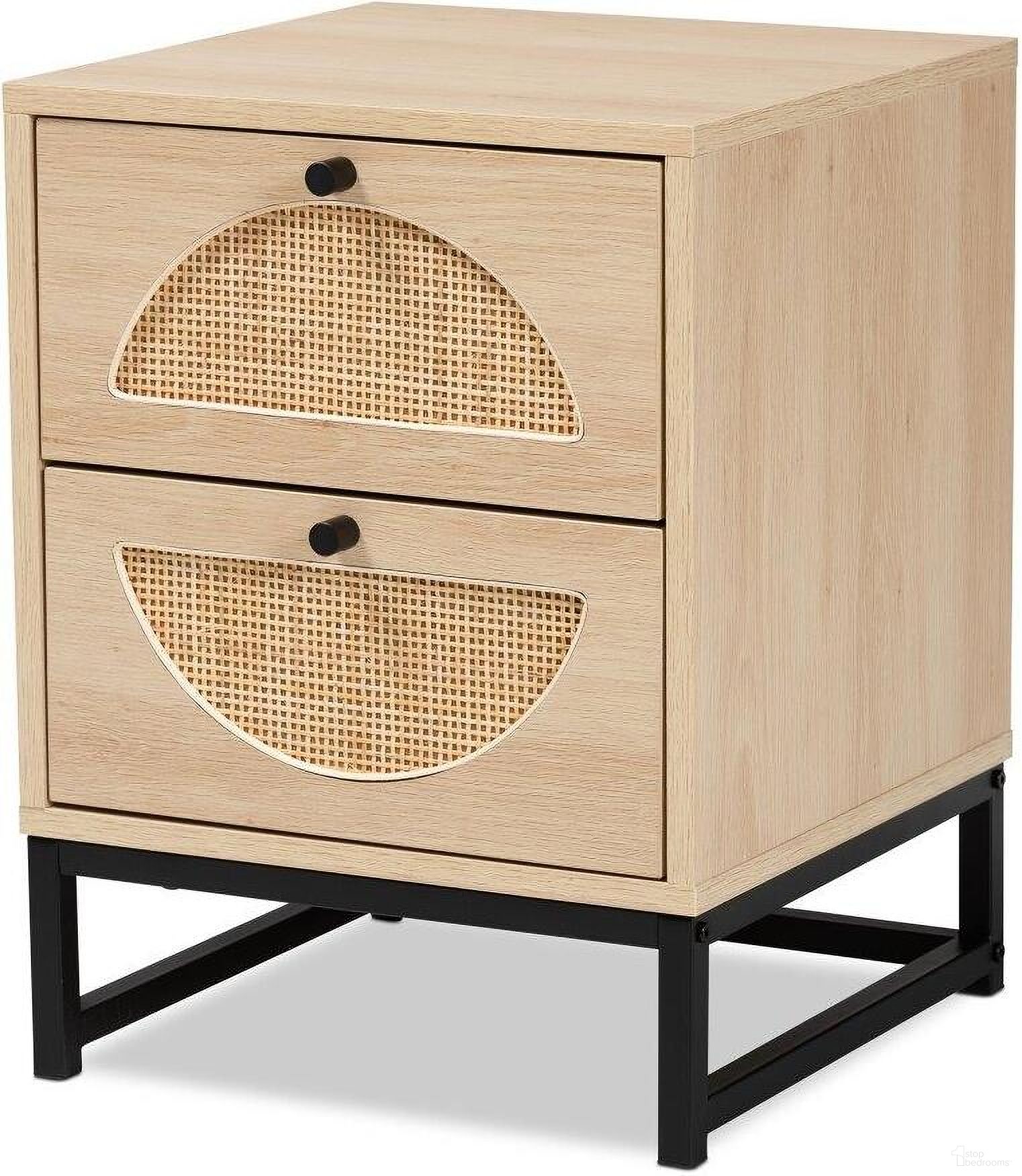 The appearance of Baxton Studio Ardon Bohemian Light Brown Finished Wood and Black Metal 2-Drawer End Table with Natural Rattan designed by Baxton Studio in the bohemian interior design. This light brown piece of furniture  was selected by 1StopBedrooms from Ardon Collection to add a touch of cosiness and style into your home. Sku: MUS-005-Natural/Black. Material: MDF.
