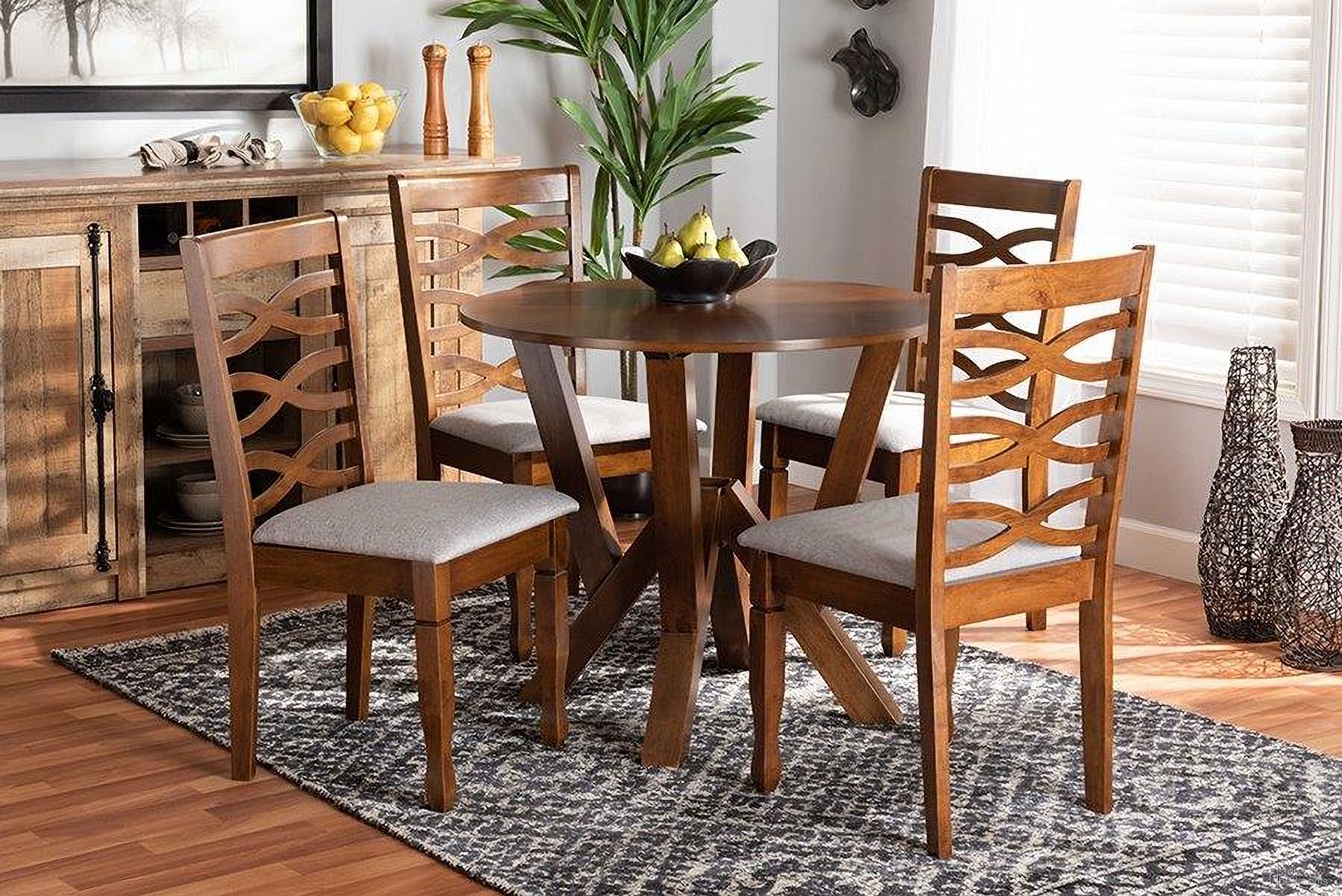 The appearance of Baxton Studio Ariane Modern and Contemporary Grey Fabric Upholstered and Walnut Brown Finished Wood 5-Piece Dining Set designed by Baxton Studio in the modern / contemporary interior design. This grey and walnut piece of furniture was selected by 1StopBedrooms from Ariane Collection to add a touch of cosiness and style into your home. Sku: Ariane-Grey/Walnut-5PC Dining Set. Material: Wood.