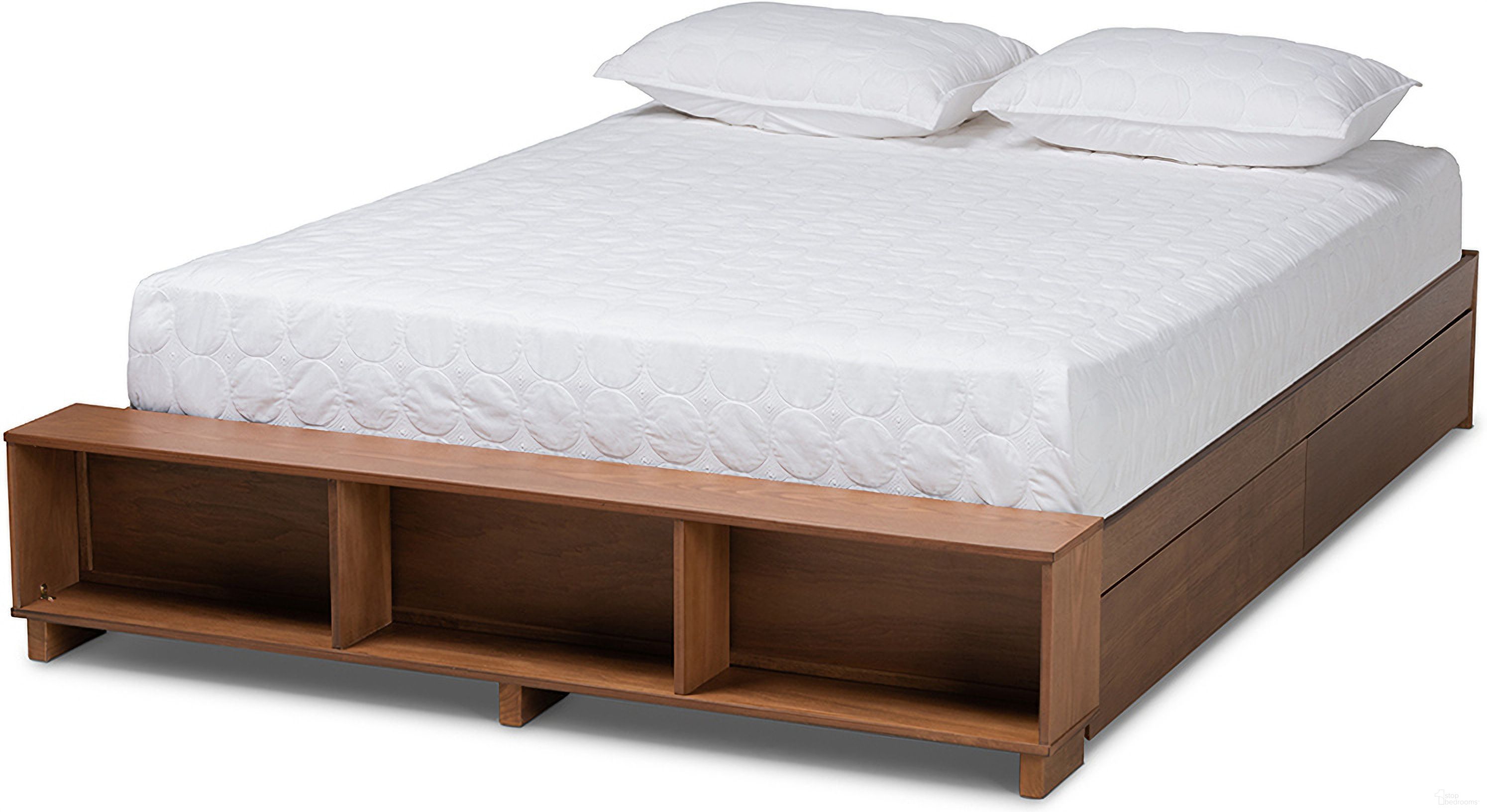 The appearance of Baxton Studio Arthur Modern Rustic Ash Walnut Brown Finished Wood Full Size Platform Bed with Built-In Shelves designed by Baxton Studio in the rustic / southwestern interior design. This ash walnut piece of furniture  was selected by 1StopBedrooms from Arthur Collection to add a touch of cosiness and style into your home. Sku: MG6001-1S-Ash Walnut-4DW-Full. Bed Type: Platform Bed. Bed Size: Full. Material: Rubberwood.