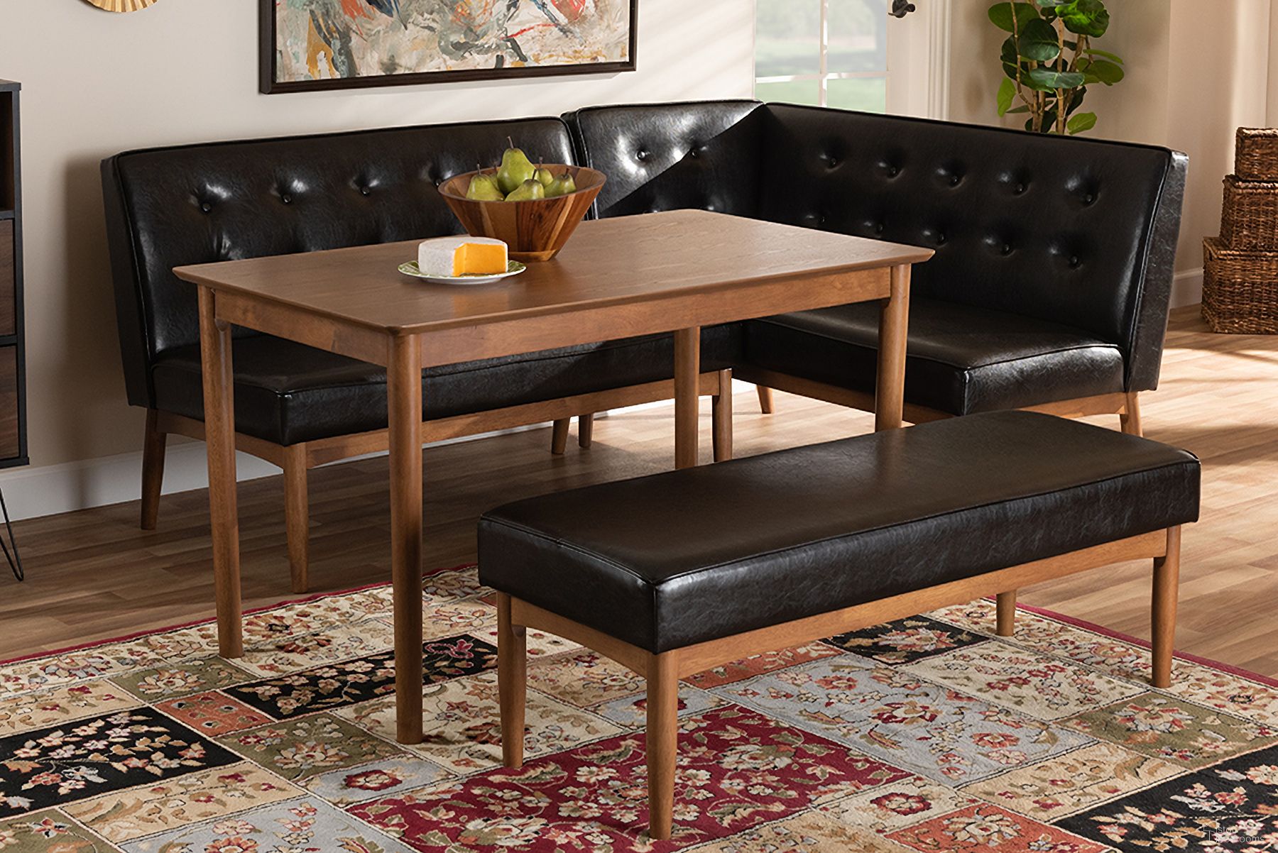 Baxton Studio Arvid Mid-Century Modern Dark Brown Faux Leather Upholstered 4-Piece Wood Dining Nook Set