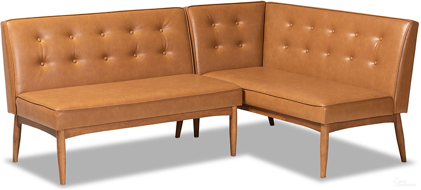 The appearance of Baxton Studio Arvid Mid-Century Modern Tan Faux Leather Upholstered and Walnut Brown Finished Wood 2-Piece Dining Corner Sofa Bench designed by Baxton Studio in the transitional interior design. This tan piece of furniture was selected by 1StopBedrooms from Arvid Collection to add a touch of cosiness and style into your home. Sku: BBT8051-Tan/Walnut-2PC SF Bench. Material: MDF.