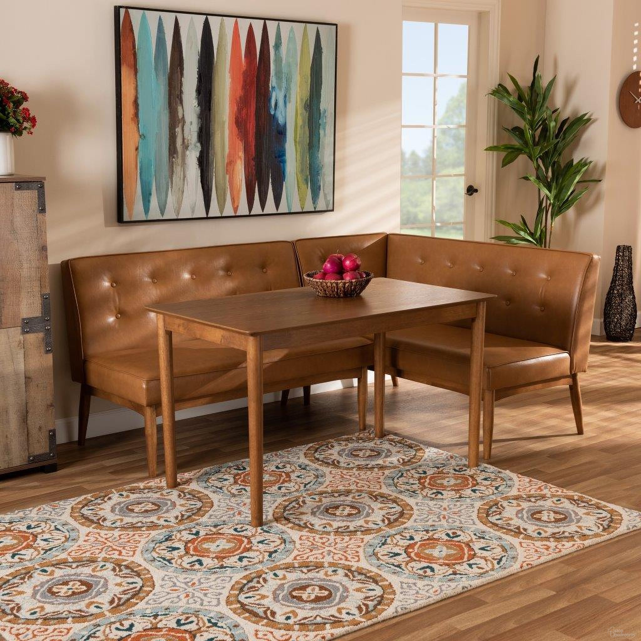The appearance of Baxton Studio Arvid Mid-Century Modern Tan Faux Leather Upholstered and Walnut Brown Finished Wood 3-Piece Dining Nook Set designed by Baxton Studio in the transitional interior design. This tan piece of furniture was selected by 1StopBedrooms from Arvid Collection to add a touch of cosiness and style into your home. Sku: BBT8051-Tan/Walnut-3PC Dining Nook Set. Material: MDF.