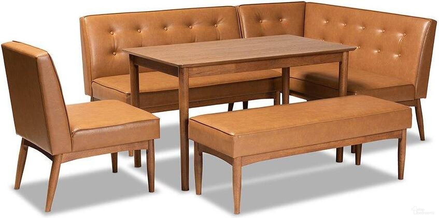 Baxton Studio Arvid Mid-Century Modern Tan Faux Leather Upholstered and Walnut Brown Finished Wood 5-Piece Dining Nook Set