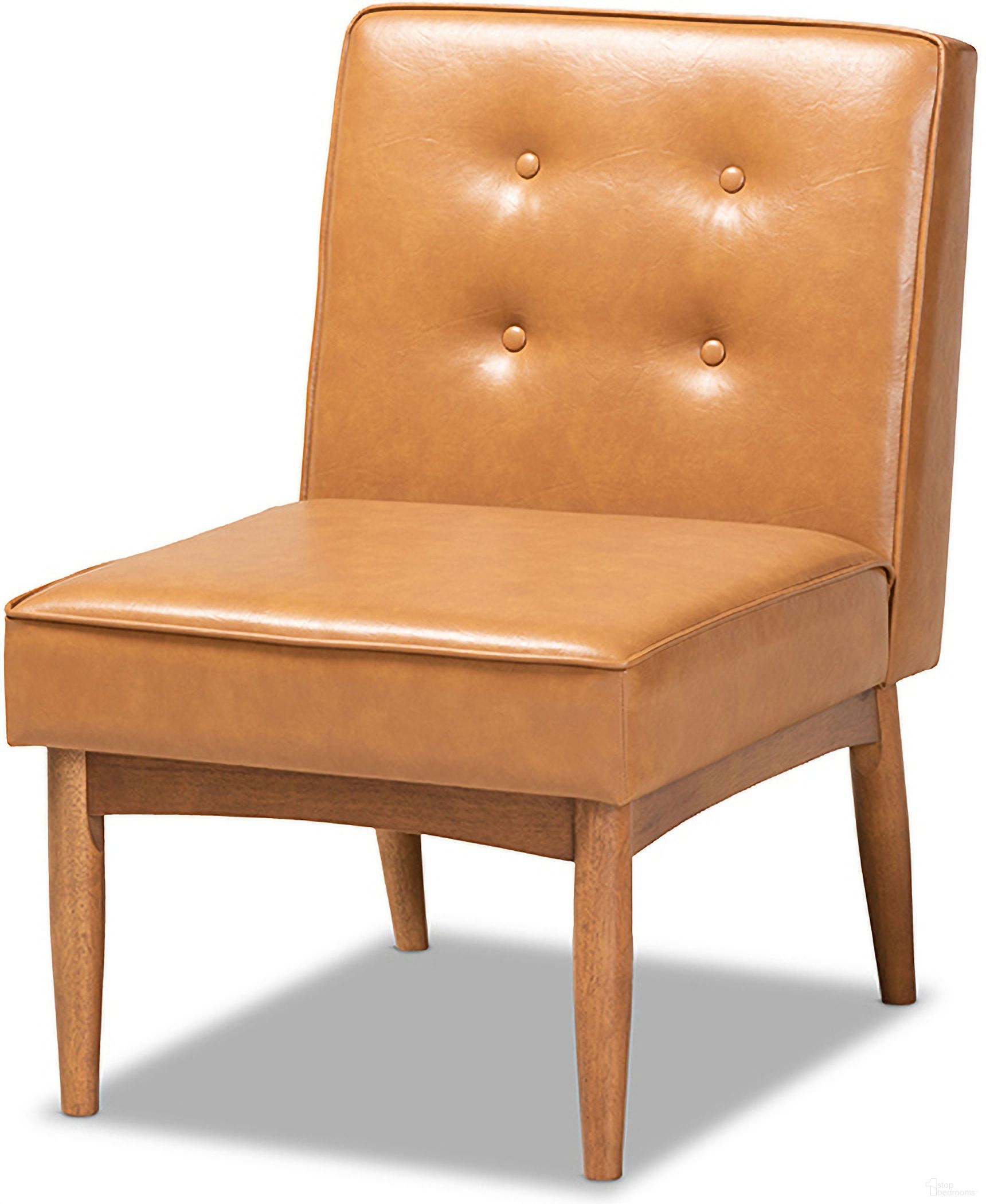 The appearance of Baxton Studio Arvid Mid-Century Modern Tan Faux Leather Upholstered and Walnut Brown Finished Wood Dining Chair designed by Baxton Studio in the transitional interior design. This tan piece of furniture was selected by 1StopBedrooms from Arvid Collection to add a touch of cosiness and style into your home. Sku: BBT8051-Tan/Walnut-CC. Material: MDF. Chair Type: Side Chair.
