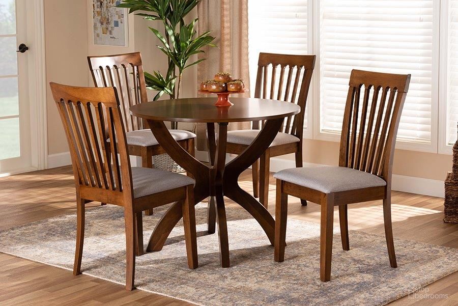 The appearance of Baxton Studio Bailey Modern and Contemporary Grey Fabric Upholstered and Walnut Brown Finished Wood 5-Piece Dining Set designed by Baxton Studio in the modern / contemporary interior design. This grey and walnut piece of furniture was selected by 1StopBedrooms from Bailey Collection to add a touch of cosiness and style into your home. Sku: Bailey-Grey/Walnut-5PC Dining Set. Material: Wood.