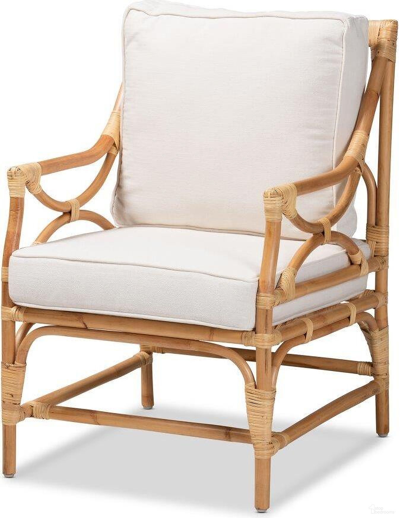 The appearance of Baxton Studio Brandon Modern Bohemian White Fabric Upholstered and Natural Brown Rattan Armchair designed by Baxton Studio in the coastal interior design. This natural brown piece of furniture  was selected by 1StopBedrooms from Brandon Collection to add a touch of cosiness and style into your home. Sku: Brandon-Rattan-Armchair. Material: Cotton.
