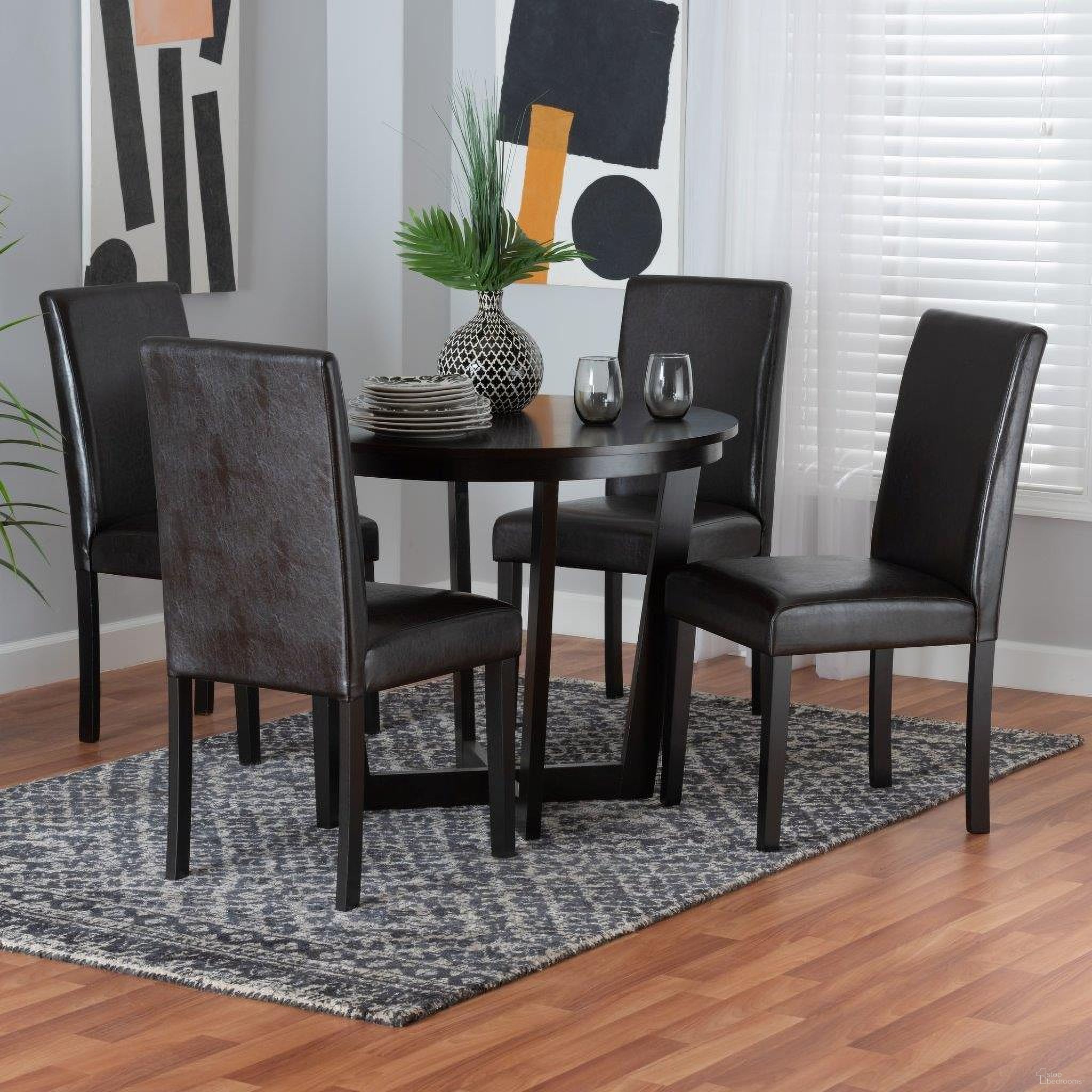 The appearance of Baxton Studio Bruna Modern Dark Brown Faux Leather and Espresso Brown Finished Wood 5 Piece Dining Set designed by Baxton Studio in the modern / contemporary interior design. This espresso brown piece of furniture  was selected by 1StopBedrooms from Bruna Collection to add a touch of cosiness and style into your home. Sku: Bruna-Dark Brown-5PC Dining Set. Material: Rubberwood.