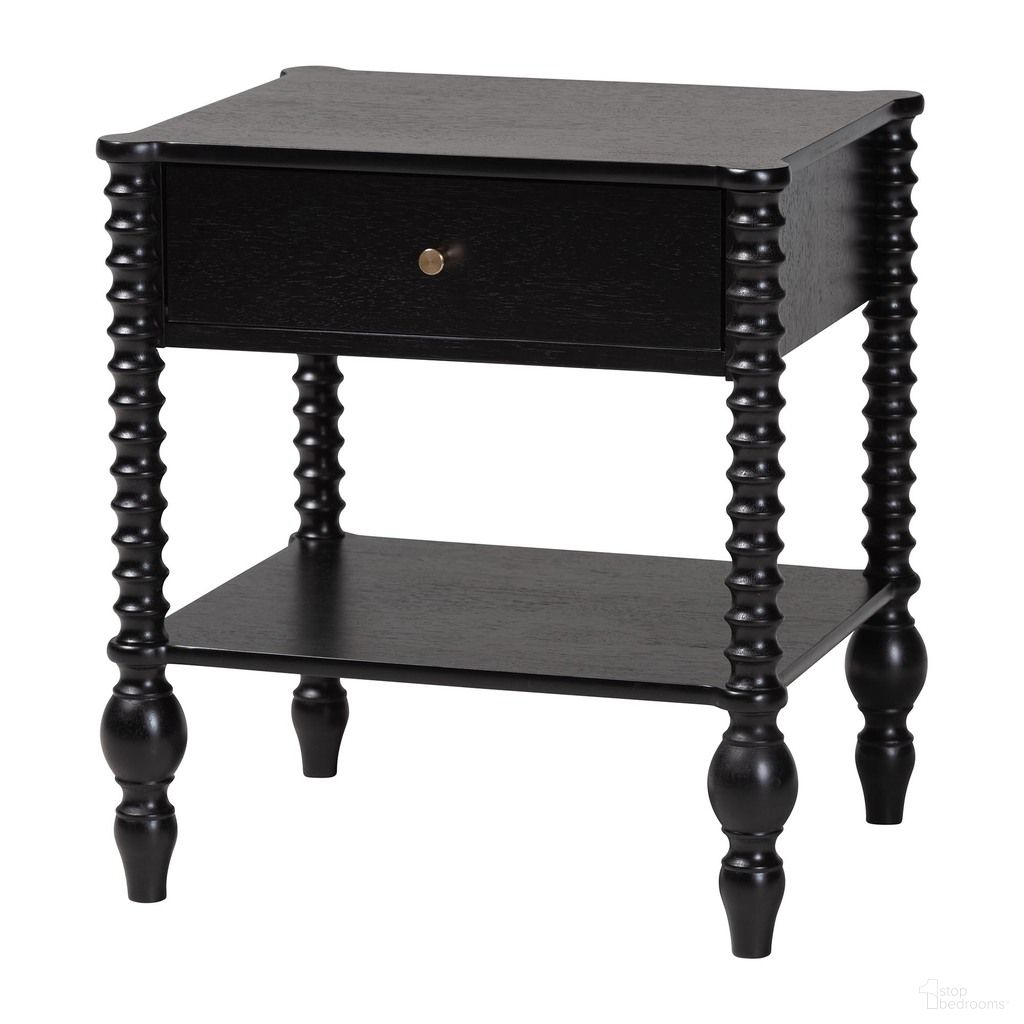 The appearance of Baxton Studio Callison Spindle 1-Drawer Nightstand In Black designed by Baxton Studio in the country / farmhouse interior design. This black piece of furniture  was selected by 1StopBedrooms from Callison Collection to add a touch of cosiness and style into your home. Sku: MG9020-Black-1DW-NS. Material: Solid Rubberwood.