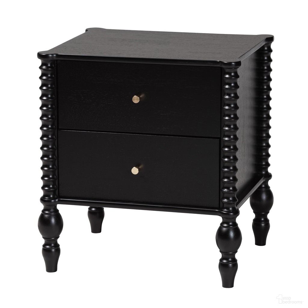 The appearance of Baxton Studio Callison Spindle 2-Drawer Nightstand In Black designed by Baxton Studio in the country / farmhouse interior design. This black piece of furniture  was selected by 1StopBedrooms from Callison Collection to add a touch of cosiness and style into your home. Sku: MG9020-Black-2DW-NS. Material: Solid Rubberwood.