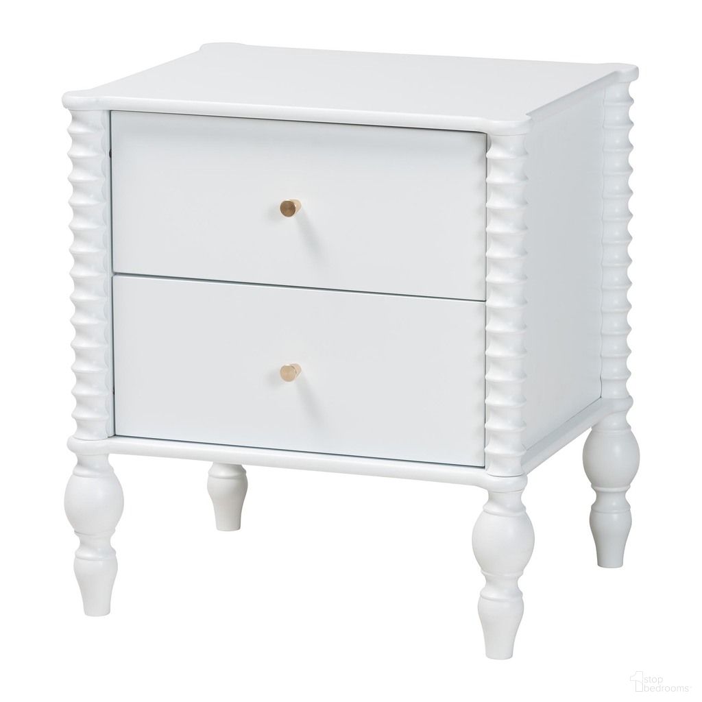 The appearance of Baxton Studio Callison Spindle 2-Drawer Nightstand In White designed by Baxton Studio in the country / farmhouse interior design. This white piece of furniture was selected by 1StopBedrooms from Callison Collection to add a touch of cosiness and style into your home. Sku: MG9020-White-2DW-NS. Material: Solid Rubberwood.