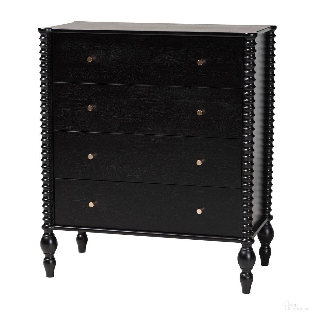 The appearance of Baxton Studio Callison Spindle 4-Drawer Chest In Black designed by Baxton Studio in the country / farmhouse interior design. This black piece of furniture  was selected by 1StopBedrooms from Callison Collection to add a touch of cosiness and style into your home. Sku: MG9020-Black-4DW-Chest. Material: Solid Rubberwood.
