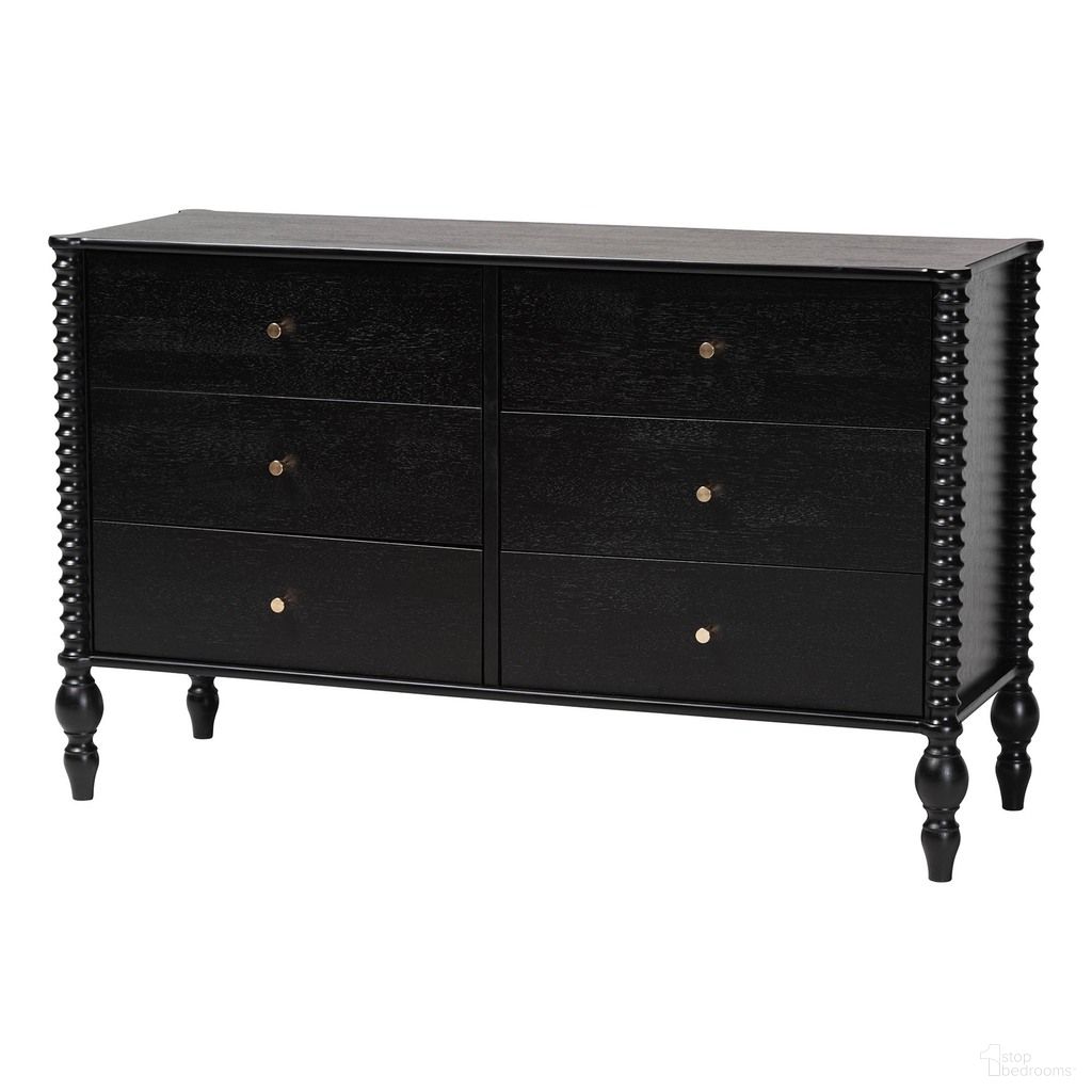 The appearance of Baxton Studio Callison Spindle 6-Drawer Dresser In Black designed by Baxton Studio in the country / farmhouse interior design. This black piece of furniture  was selected by 1StopBedrooms from Callison Collection to add a touch of cosiness and style into your home. Sku: MG9020-Black-6DW-Dresser. Material: Solid Rubberwood.