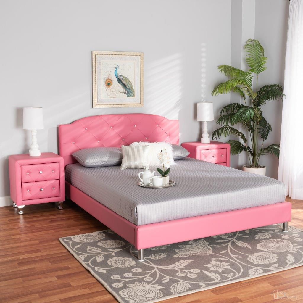 The appearance of Baxton Studio Canterbury Contemporary Glam Pink Faux Leather Upholstered Full Size 3-Piece Bedroom Set designed by Baxton Studio in the glam interior design. This pink piece of furniture  was selected by 1StopBedrooms from Canterbury Collection to add a touch of cosiness and style into your home. Sku: BBT6440-Full-Pink-3PC Set. Bed Size: Full. Material: Rubberwood. Bed Type: Upholstered Bed.