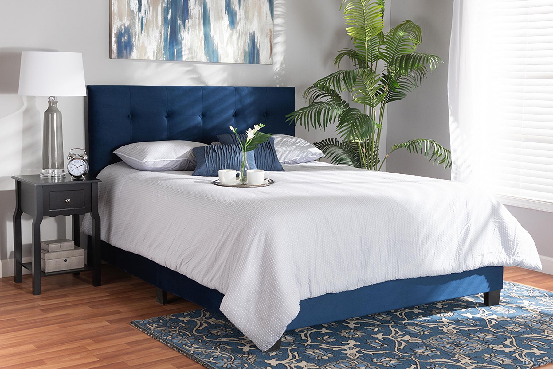 Baxton Studio Caprice Modern And Contemporary Glam Navy Blue Velvet Fabric Upholstered Queen Size Panel Bed