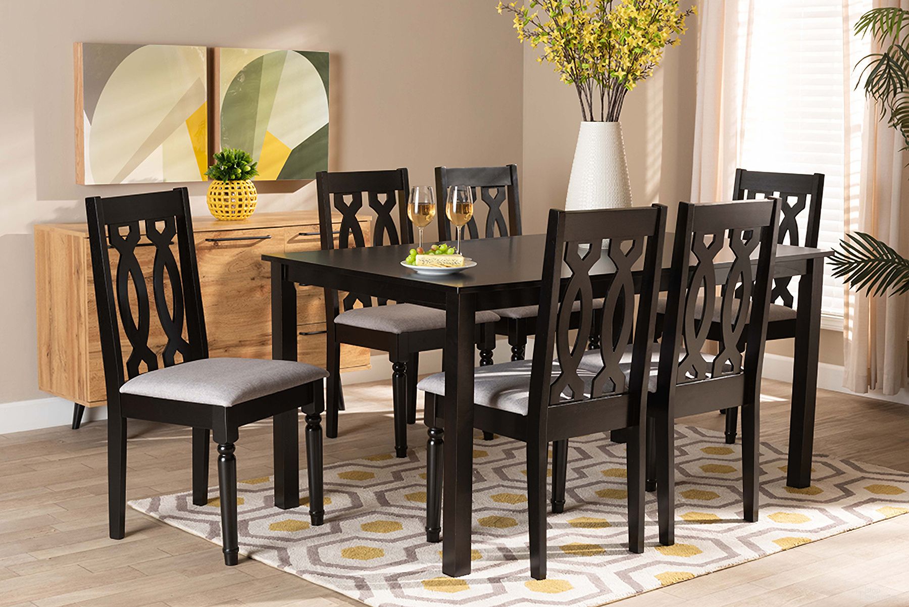The appearance of Baxton Studio Cherese Modern And Contemporary Grey Fabric Upholstered And Dark Brown Finished Wood 7-Piece Dining Set designed by Baxton Studio in the modern / contemporary interior design. This grey piece of furniture  was selected by 1StopBedrooms from Cherese Collection to add a touch of cosiness and style into your home. Sku: RH334C-Grey/Dark Brown-7PC Dining Set. Material: Wood.