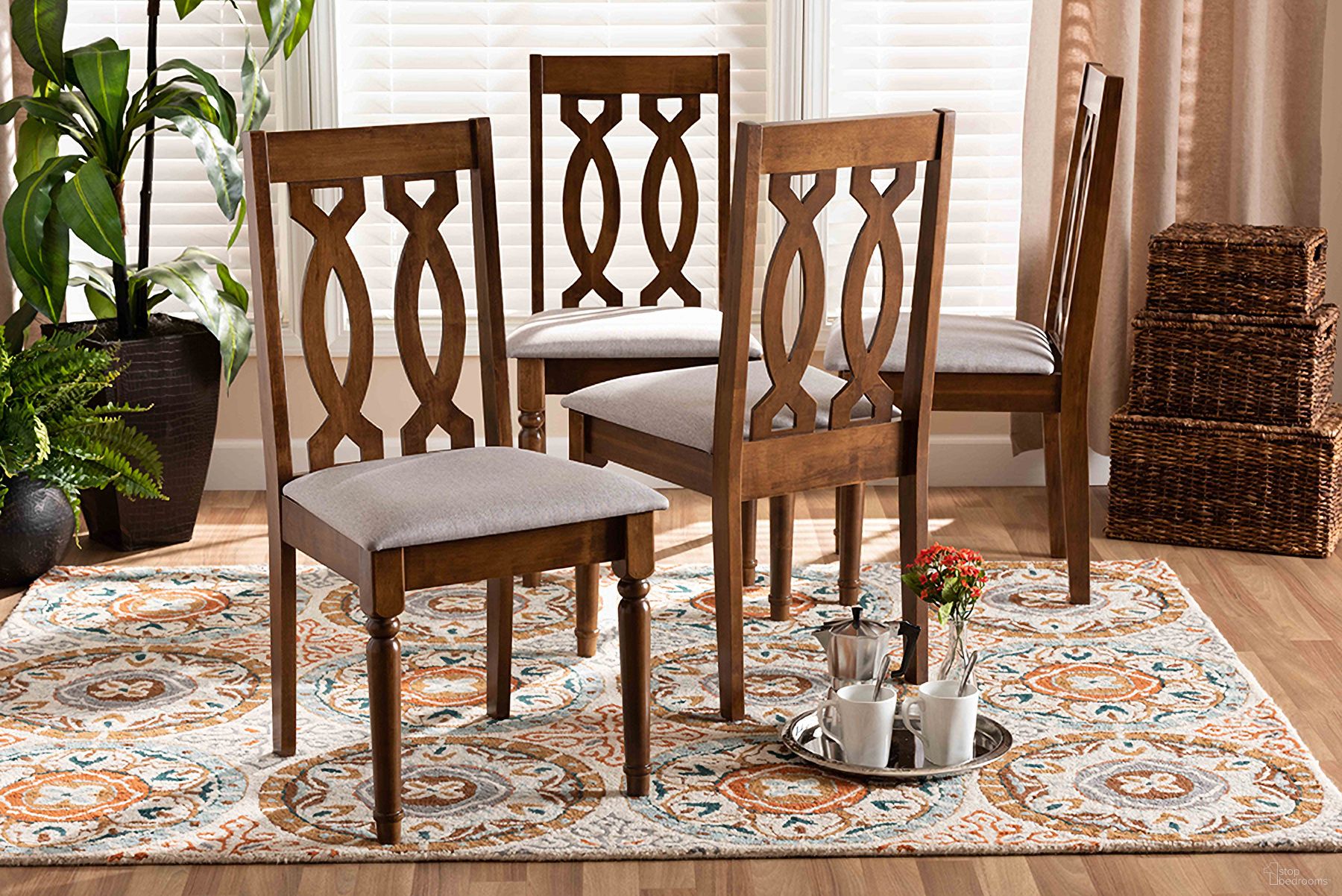 Baxton Studio Cherese Modern and Contemporary Grey Fabric Upholstered Walnut Brown Finished 4-Piece Wood Dining Chair Set