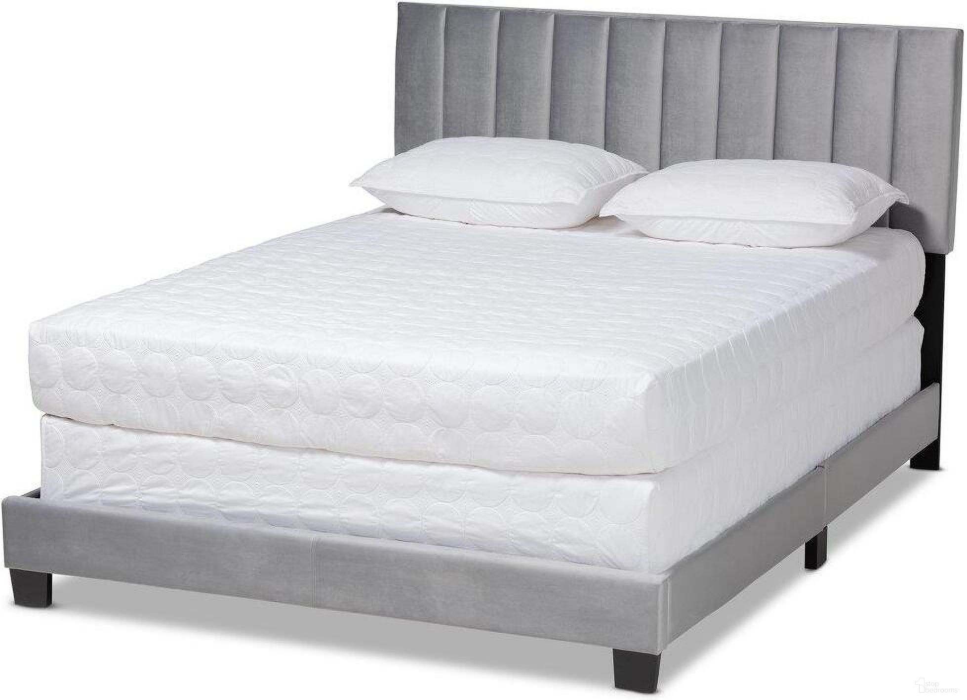 Baxton Studio Clare Glam and Luxe Grey Velvet Fabric Upholstered Queen Size Panel Bed with Channel Tufted Headboard