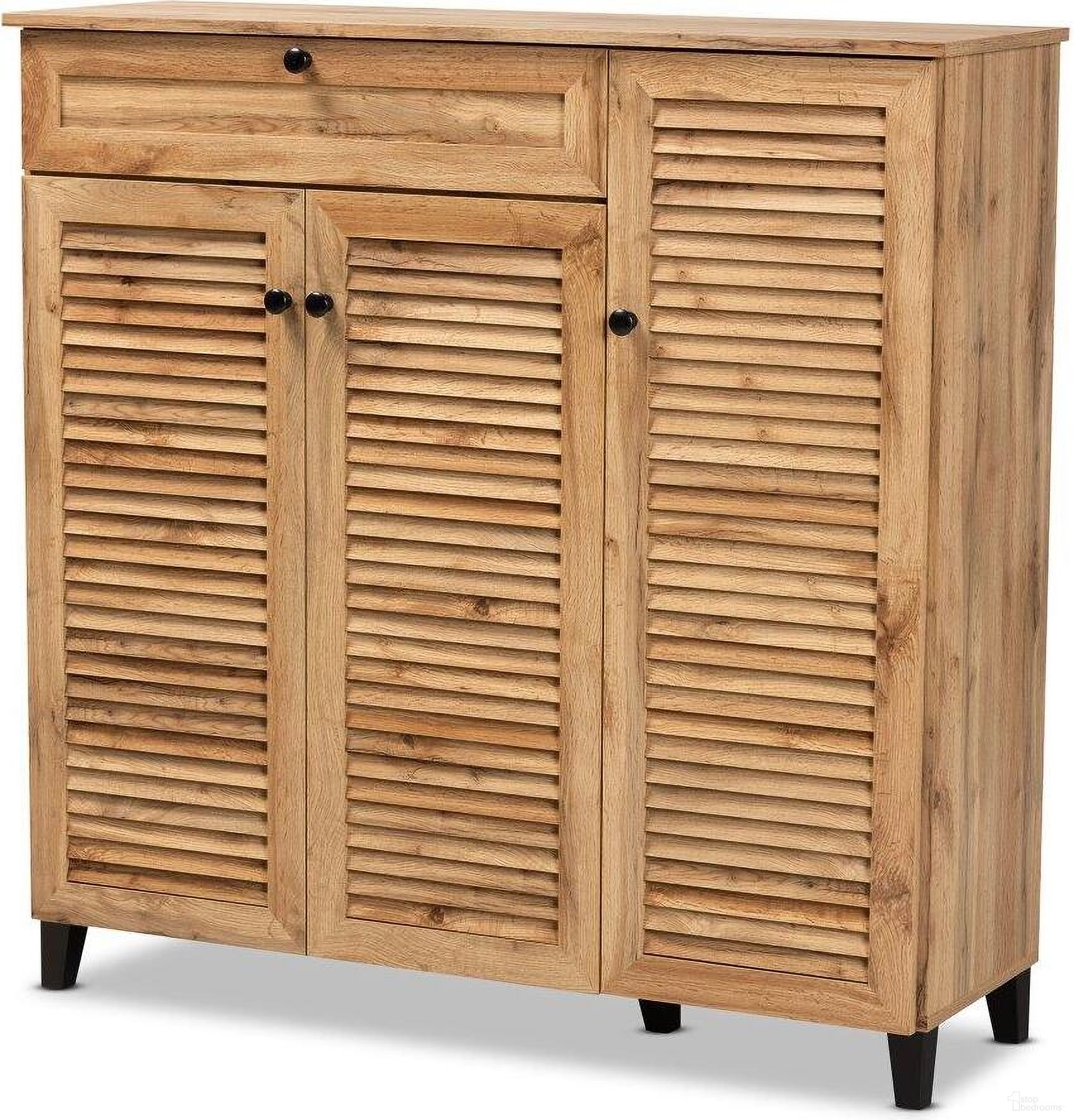 The appearance of Baxton Studio Coolidge Modern And Contemporary Oak Brown Finished Wood 3-Door Shoe Storage Cabinet With Drawer designed by Baxton Studio in the modern / contemporary interior design. This black piece of furniture was selected by 1StopBedrooms from Coolidge Collection to add a touch of cosiness and style into your home. Sku: FP-05LV-Wotan Oak. Material: MDF.