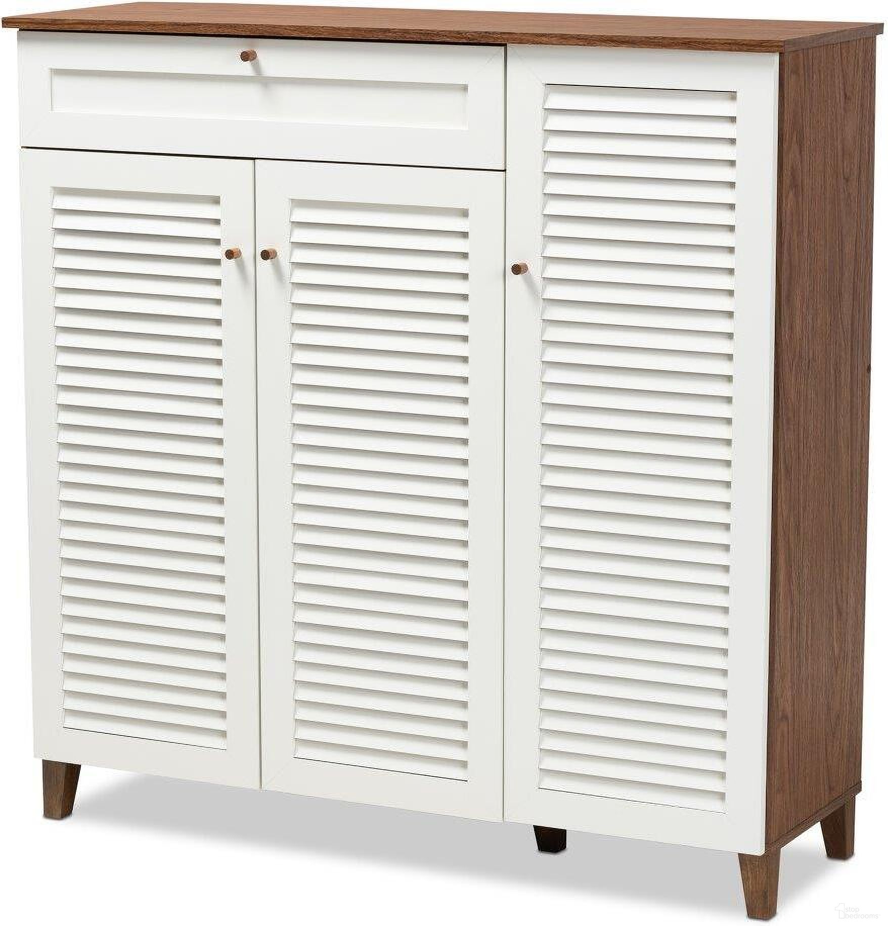 The appearance of Coolidge Modern and Contemporary Walnut and White Finished 11-Shelf Wood Shoe Storage Cabinet with Drawer designed by Baxton Studio in the modern / contemporary interior design. This white piece of furniture  was selected by 1StopBedrooms from Coolidge Collection to add a touch of cosiness and style into your home. Sku: FP-05LV-Walnut/White. Material: MDF.