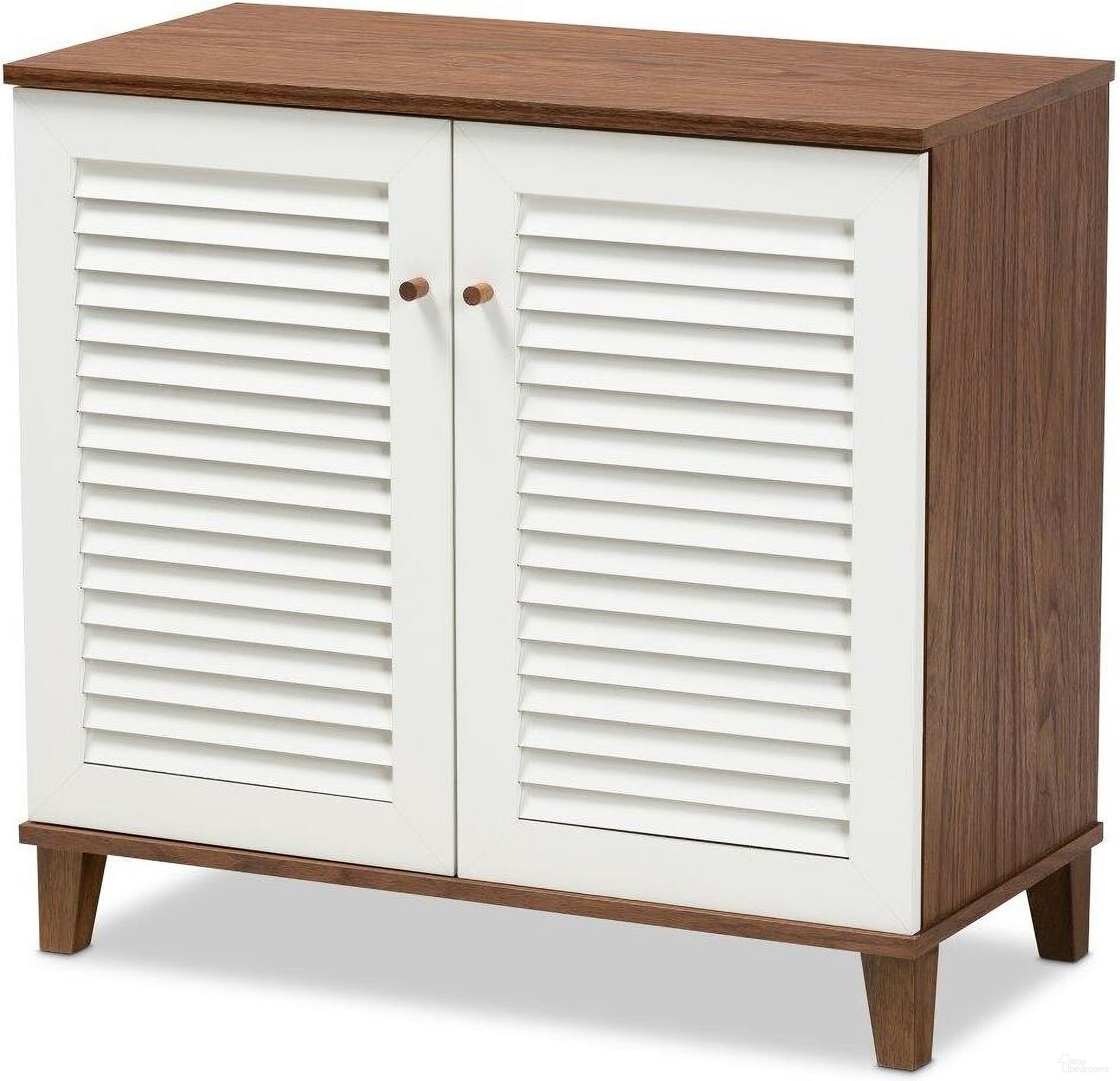 The appearance of Baxton Studio Coolidge Modern and Contemporary White and Walnut Finished 4-Shelf Wood Shoe Storage Cabinet designed by Baxton Studio in the modern / contemporary interior design. This white piece of furniture  was selected by 1StopBedrooms from Coolidge Collection to add a touch of cosiness and style into your home. Sku: FP-01LV-Walnut/White. Material: MDF.