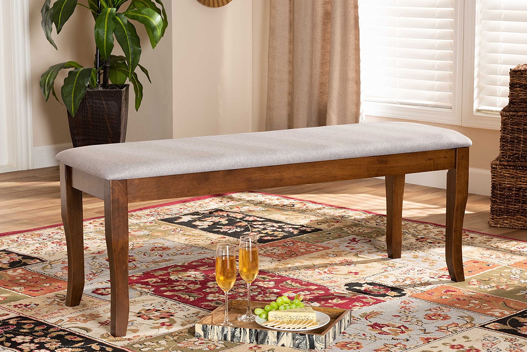 The appearance of Baxton Studio Cornelie Modern and Contemporary Transitional Grey Fabric Upholstered and Walnut Brown Finished Wood Dining Bench designed by Baxton Studio in the transitional interior design. This grey and walnut piece of furniture was selected by 1StopBedrooms from Cornelie Collection to add a touch of cosiness and style into your home. Sku: RH036-Grey/Walnut-Dining Bench. Material: Polyester.
