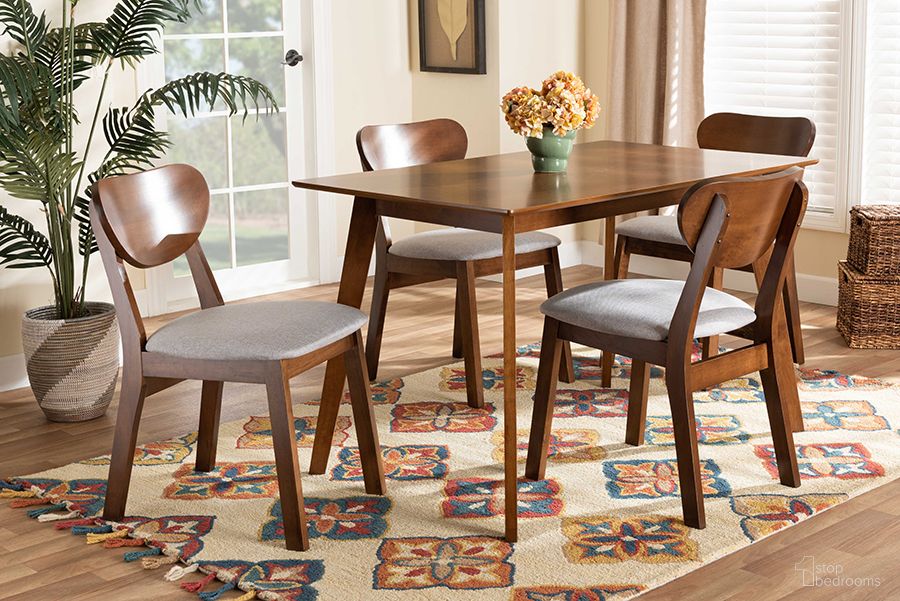 Baxton Studio Damara Mid-Century Modern Grey Fabric Upholstered And Walnut Brown Finished Wood 5-Piece Dining Set